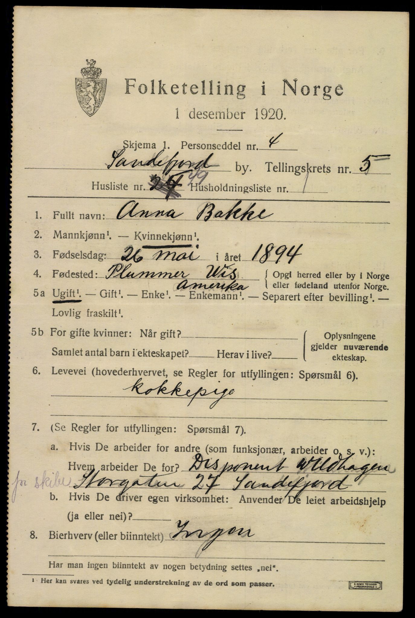 SAKO, 1920 census for Sandefjord, 1920, p. 9436