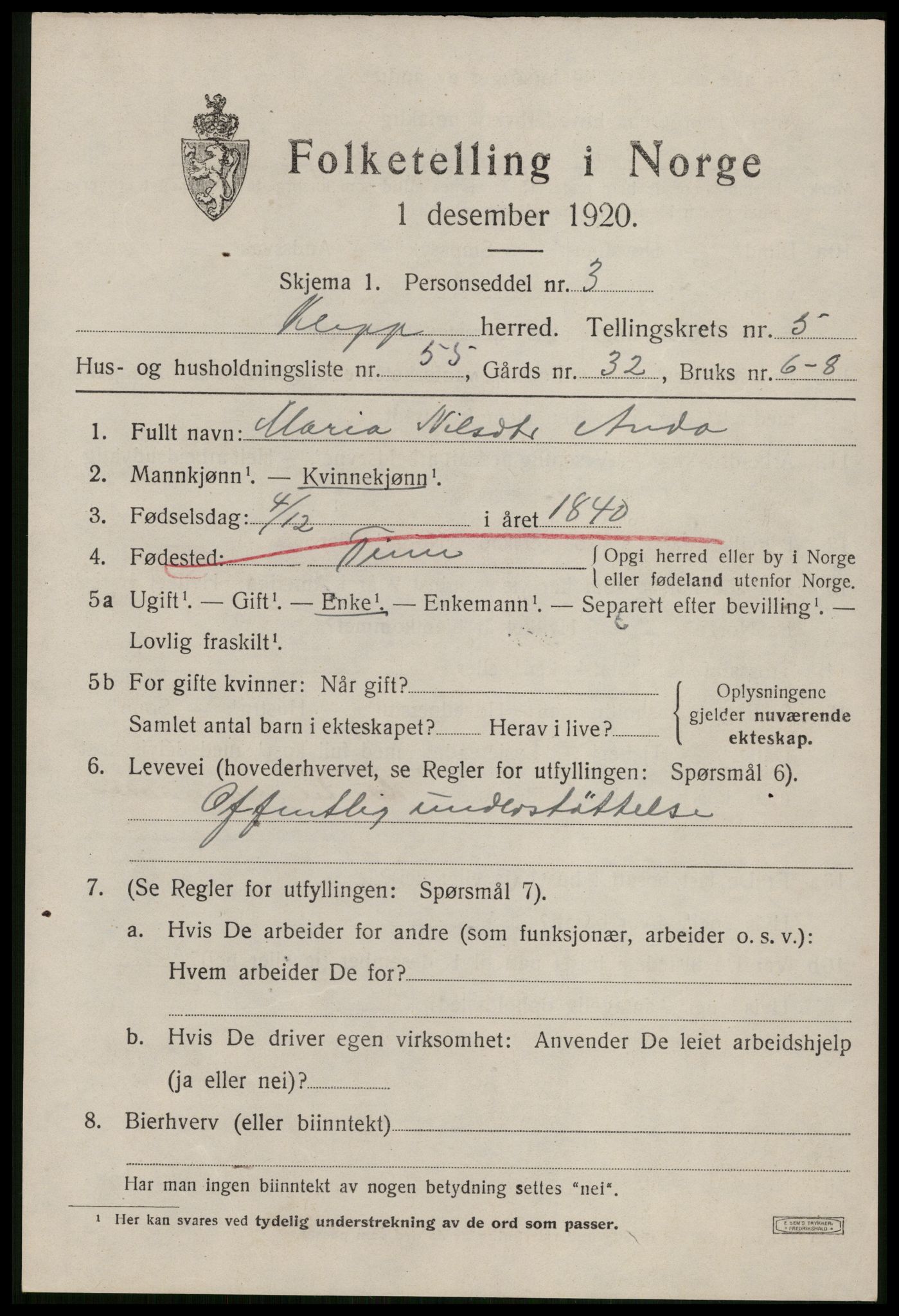 SAST, 1920 census for Klepp, 1920, p. 6008