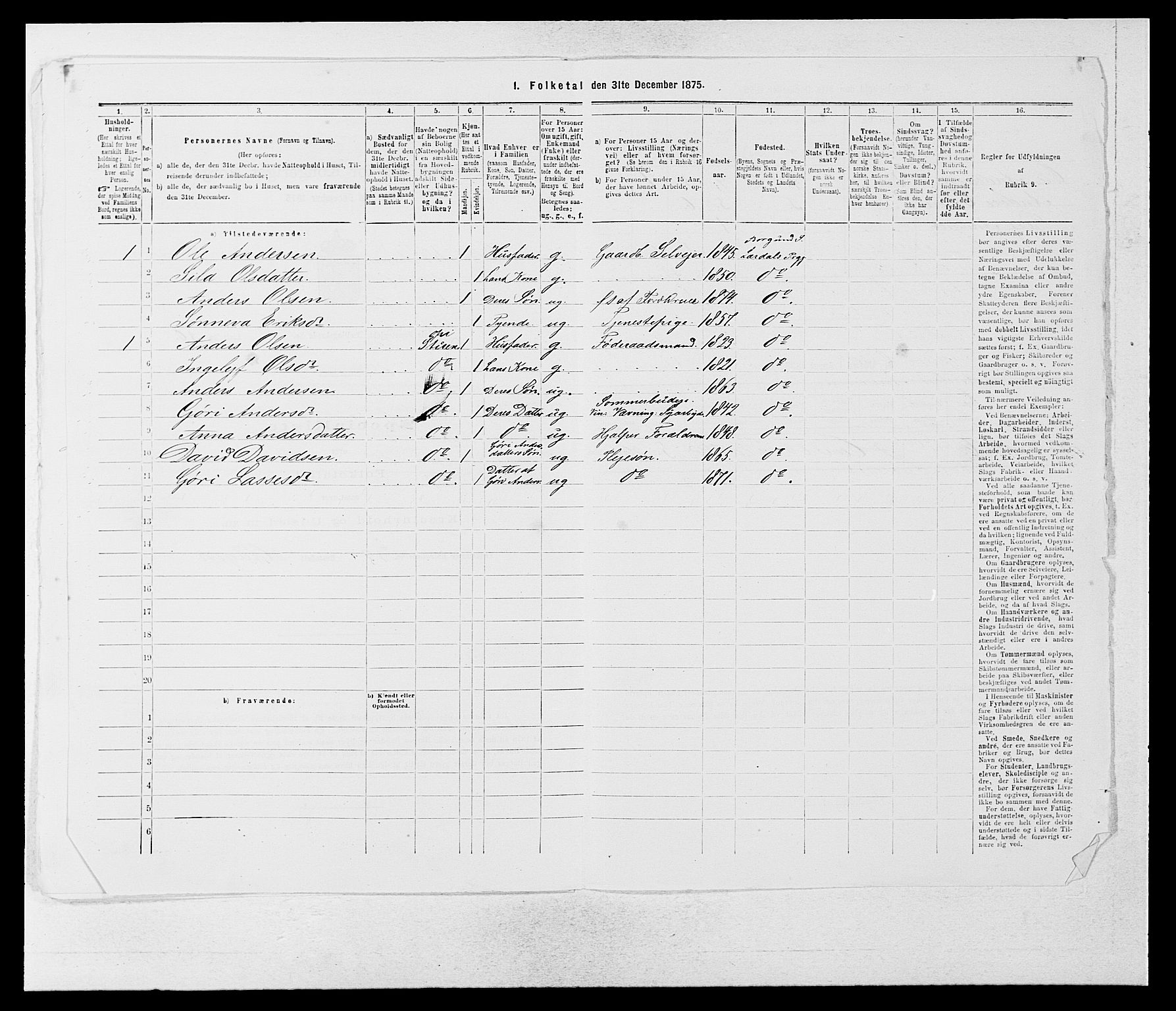 SAB, 1875 census for 1422P Lærdal, 1875, p. 1062