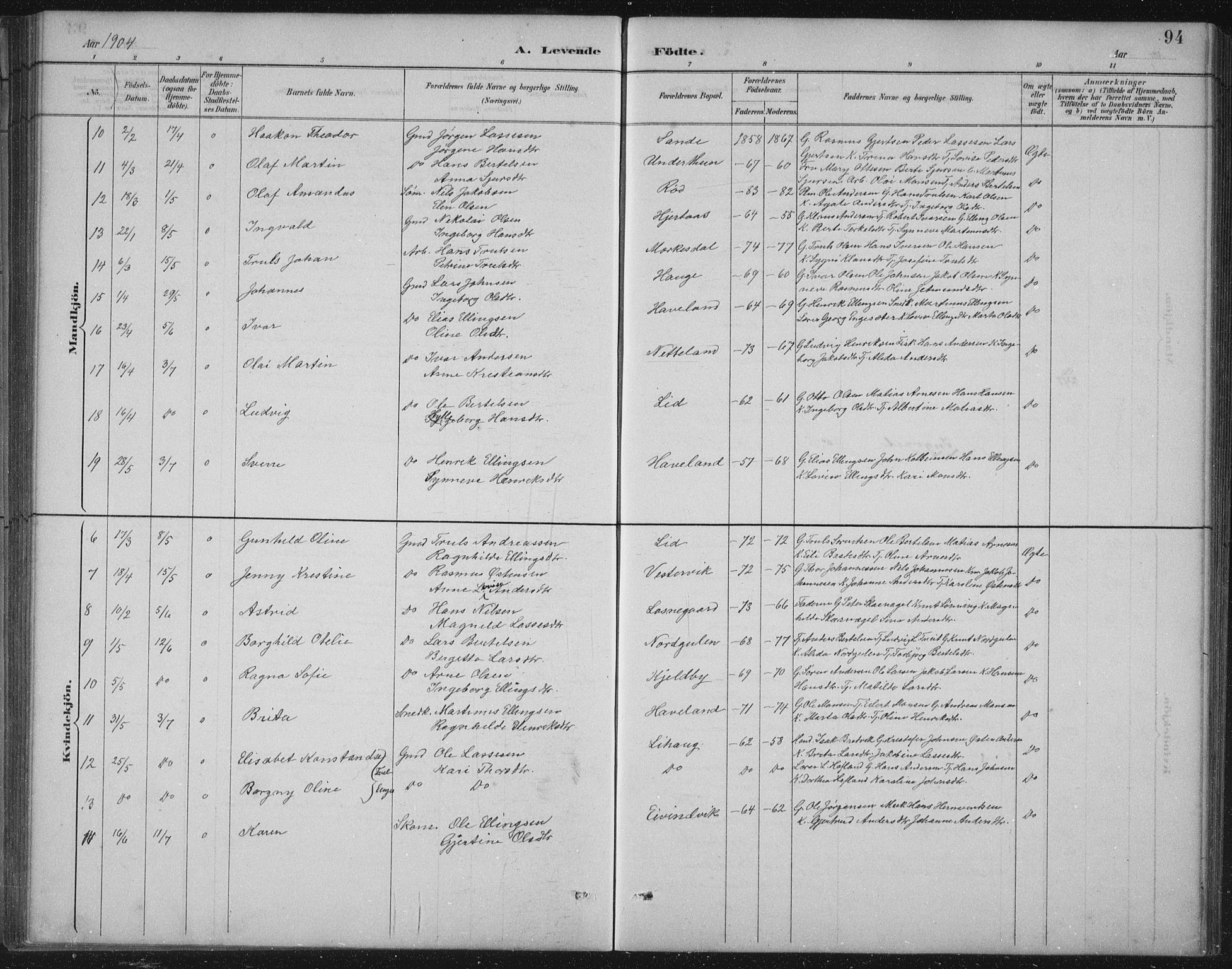 Gulen sokneprestembete, SAB/A-80201/H/Hab/Habb/L0003: Parish register (copy) no. B 3, 1884-1907, p. 94