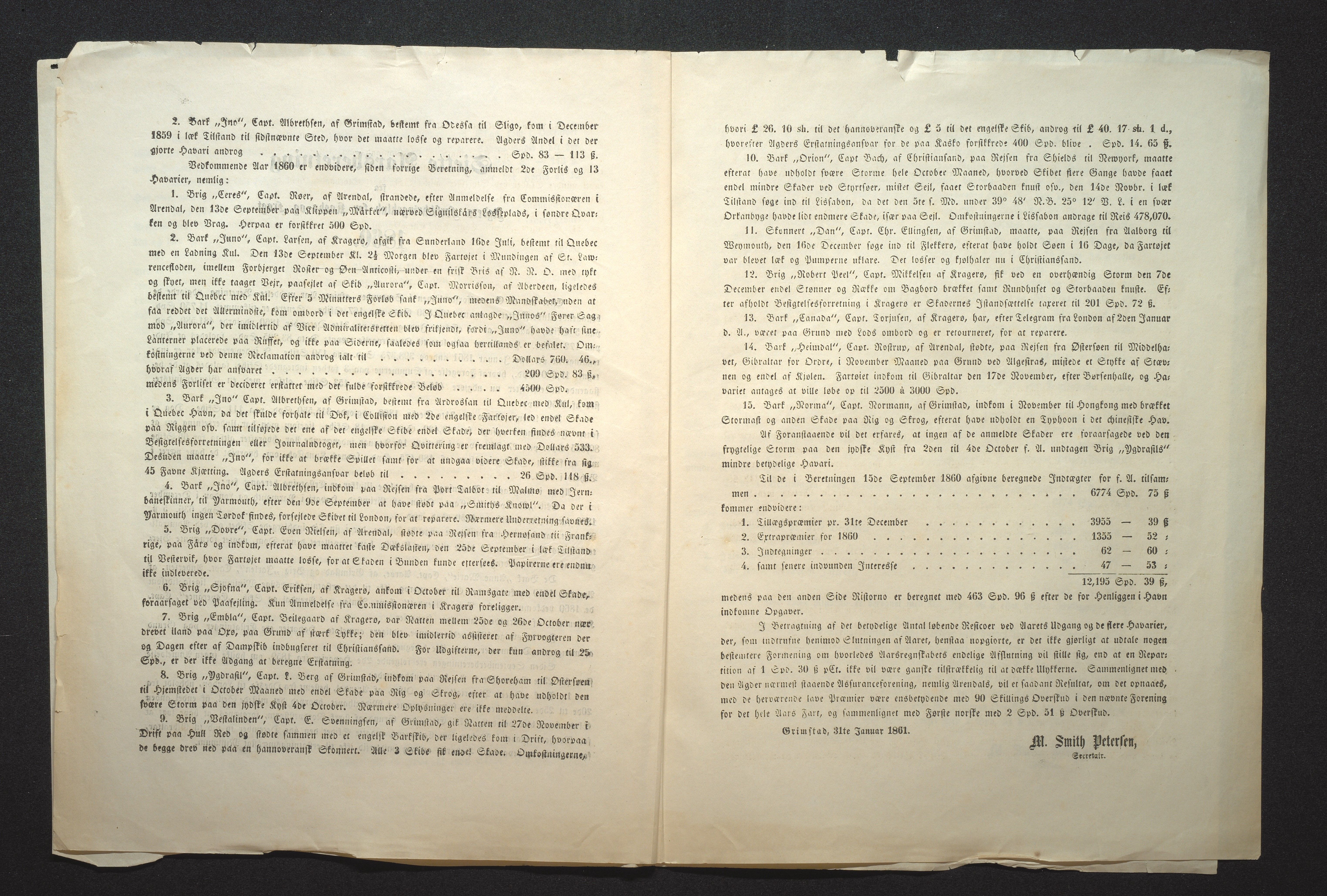 Agders Gjensidige Assuranceforening, AAKS/PA-1718/05/L0001: Regnskap, seilavdeling, pakkesak, 1855-1880