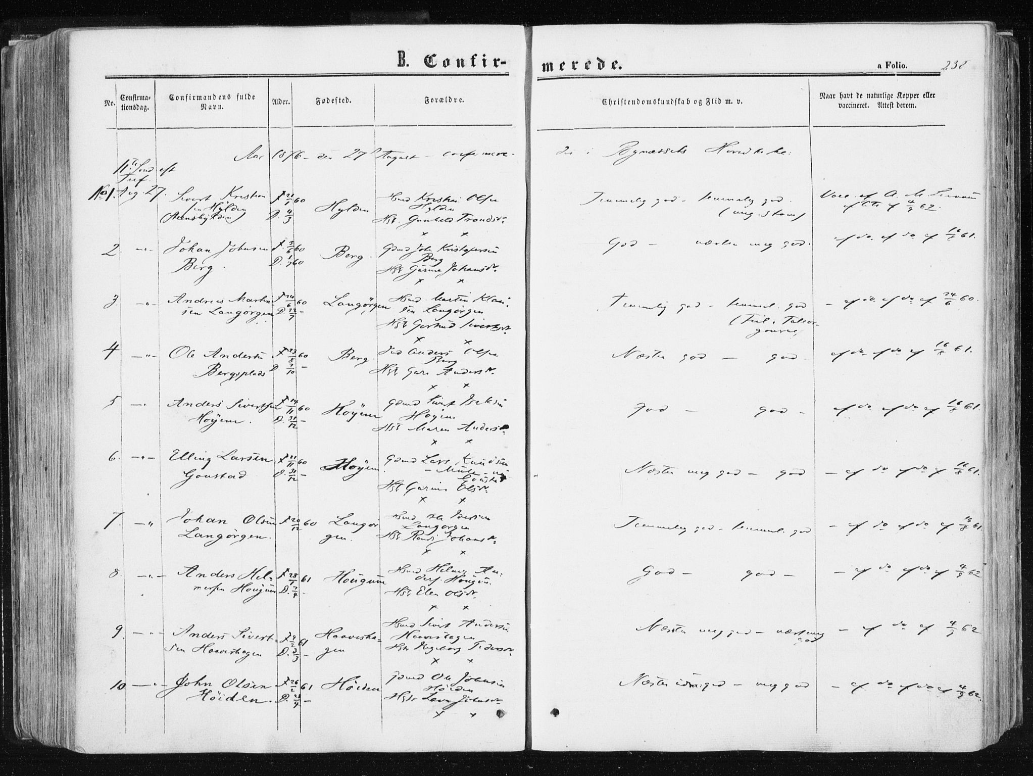 Ministerialprotokoller, klokkerbøker og fødselsregistre - Sør-Trøndelag, AV/SAT-A-1456/612/L0377: Parish register (official) no. 612A09, 1859-1877, p. 238