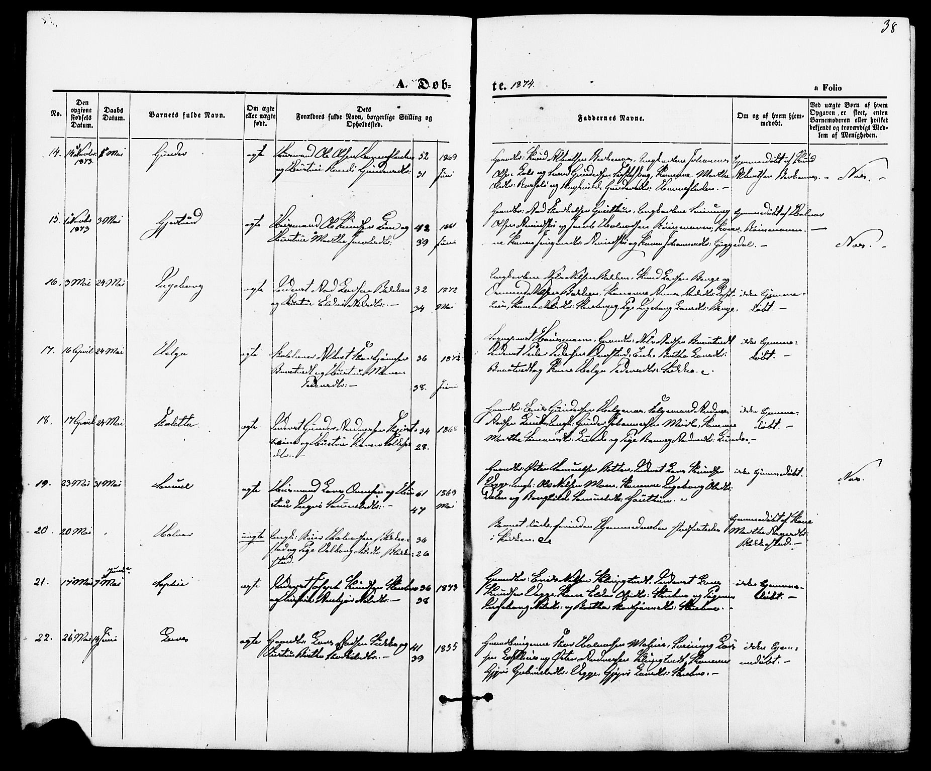 Suldal sokneprestkontor, AV/SAST-A-101845/01/IV/L0010: Parish register (official) no. A 10, 1869-1878, p. 38