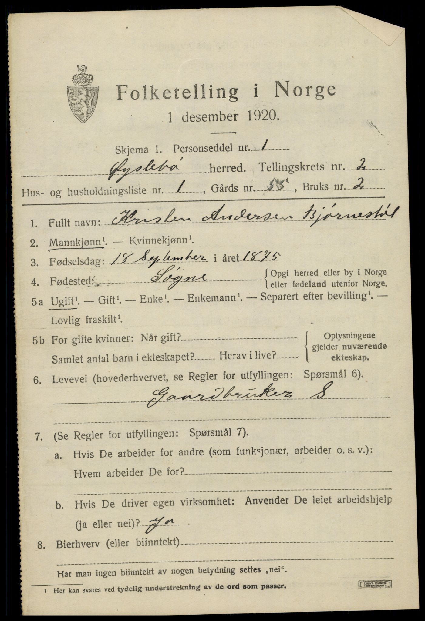 SAK, 1920 census for Øyslebø, 1920, p. 732