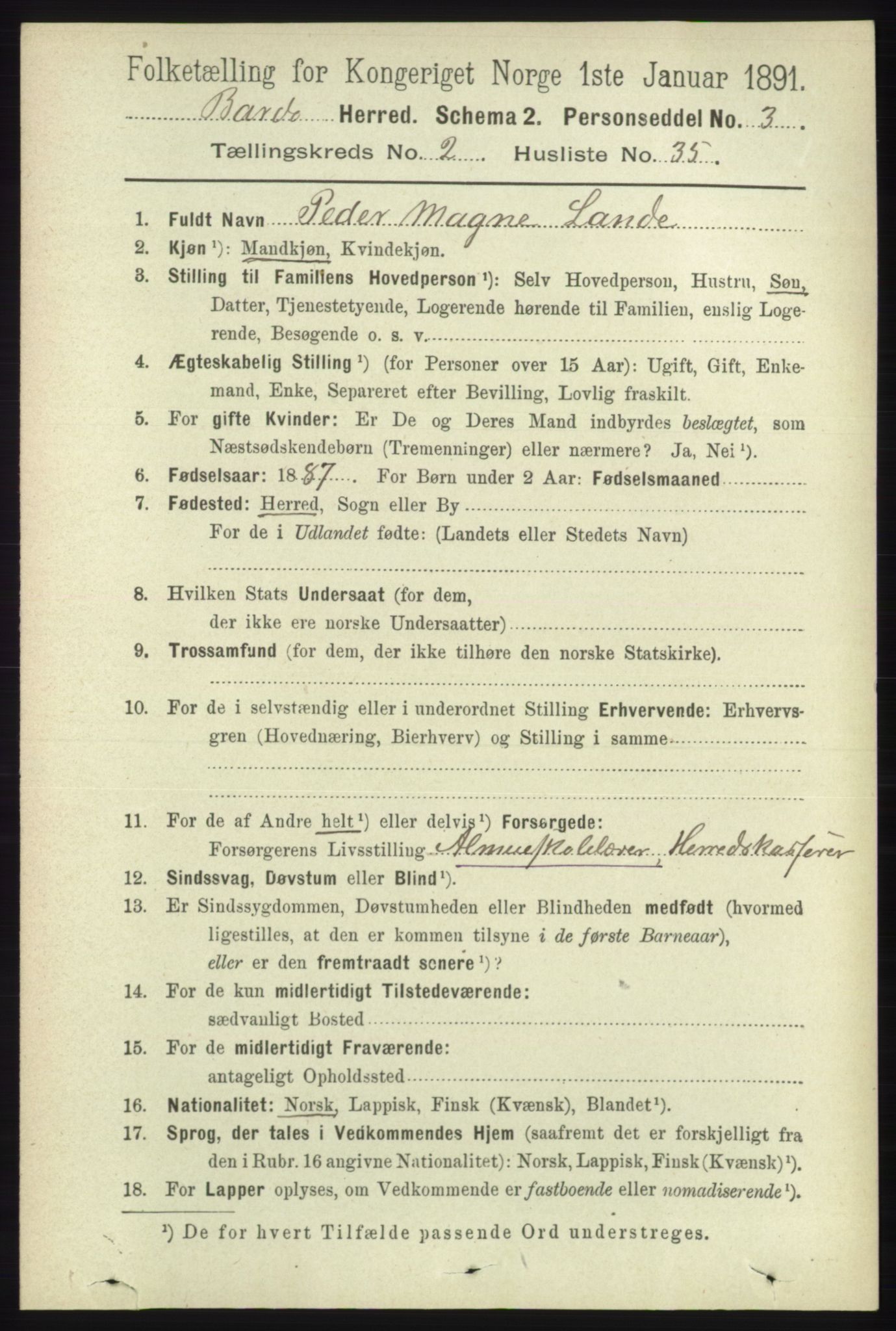 RA, 1891 census for 1922 Bardu, 1891, p. 741