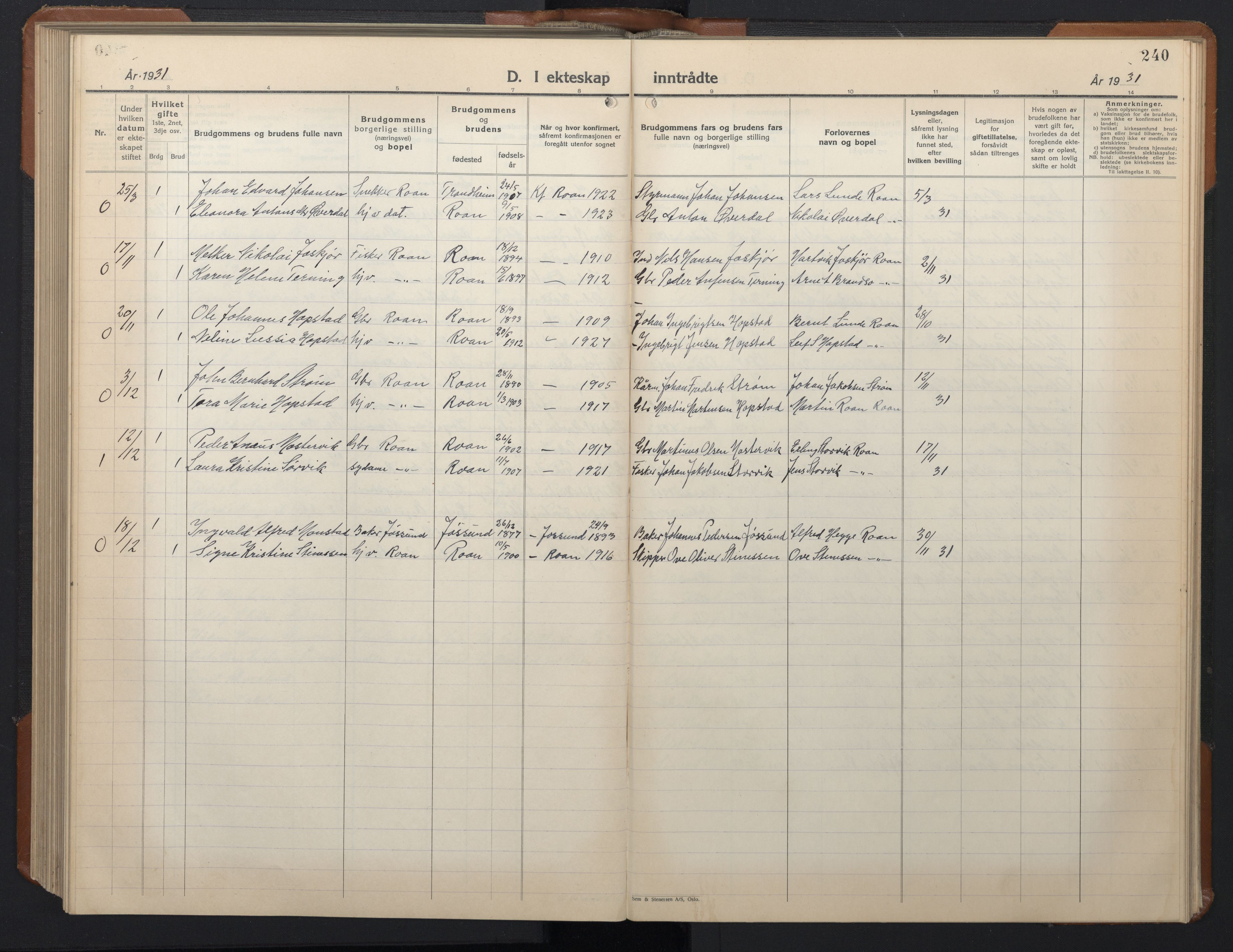 Ministerialprotokoller, klokkerbøker og fødselsregistre - Sør-Trøndelag, SAT/A-1456/657/L0718: Parish register (copy) no. 657C05, 1923-1948, p. 240