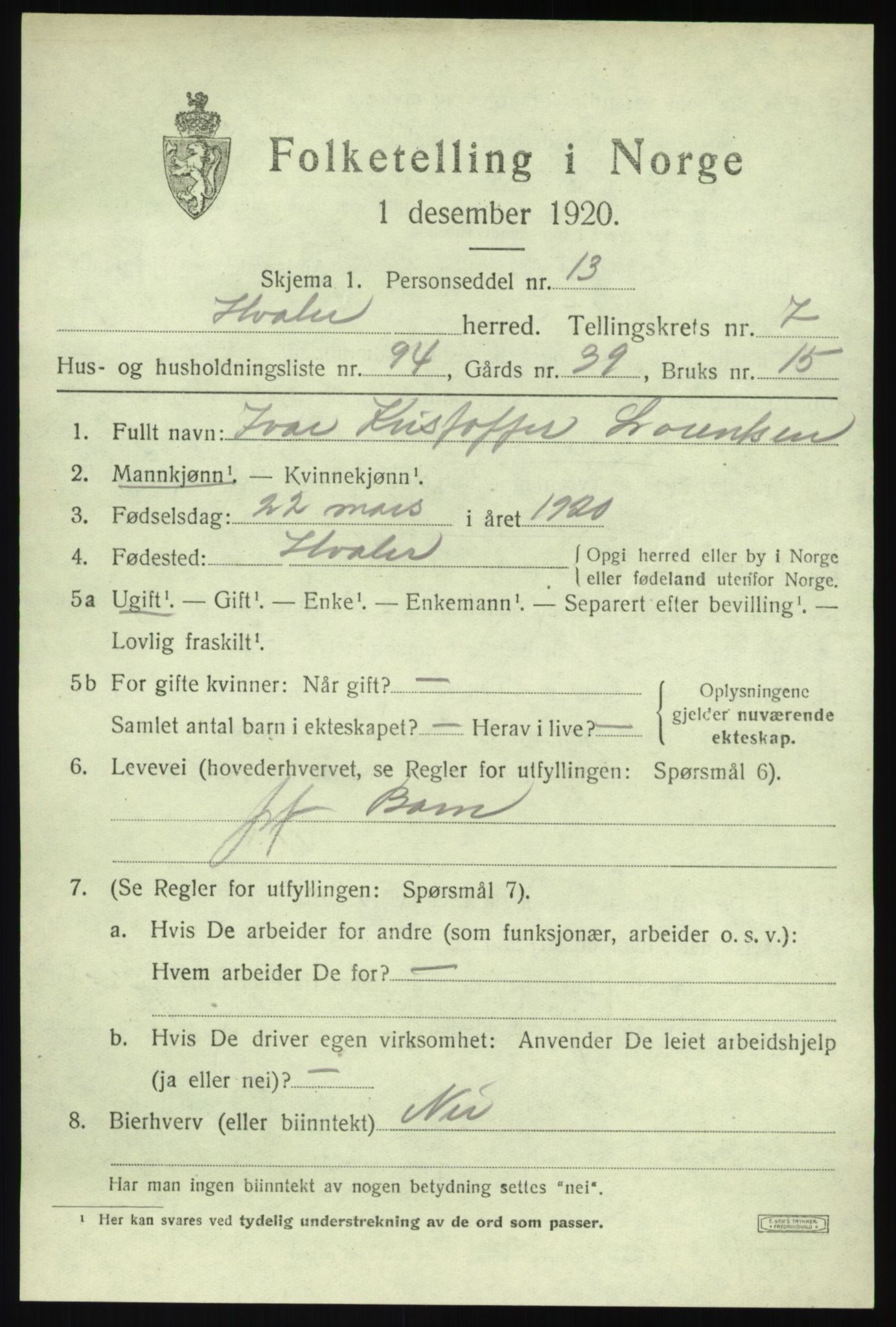 SAO, 1920 census for Hvaler, 1920, p. 7338