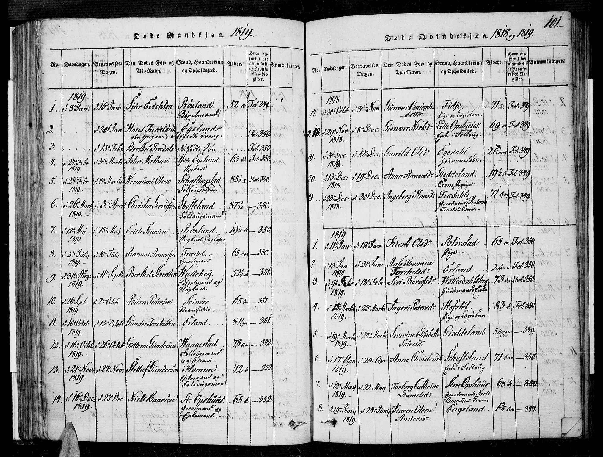 Sør-Audnedal sokneprestkontor, AV/SAK-1111-0039/F/Fa/Fab/L0005: Parish register (official) no. A 5, 1816-1830, p. 101