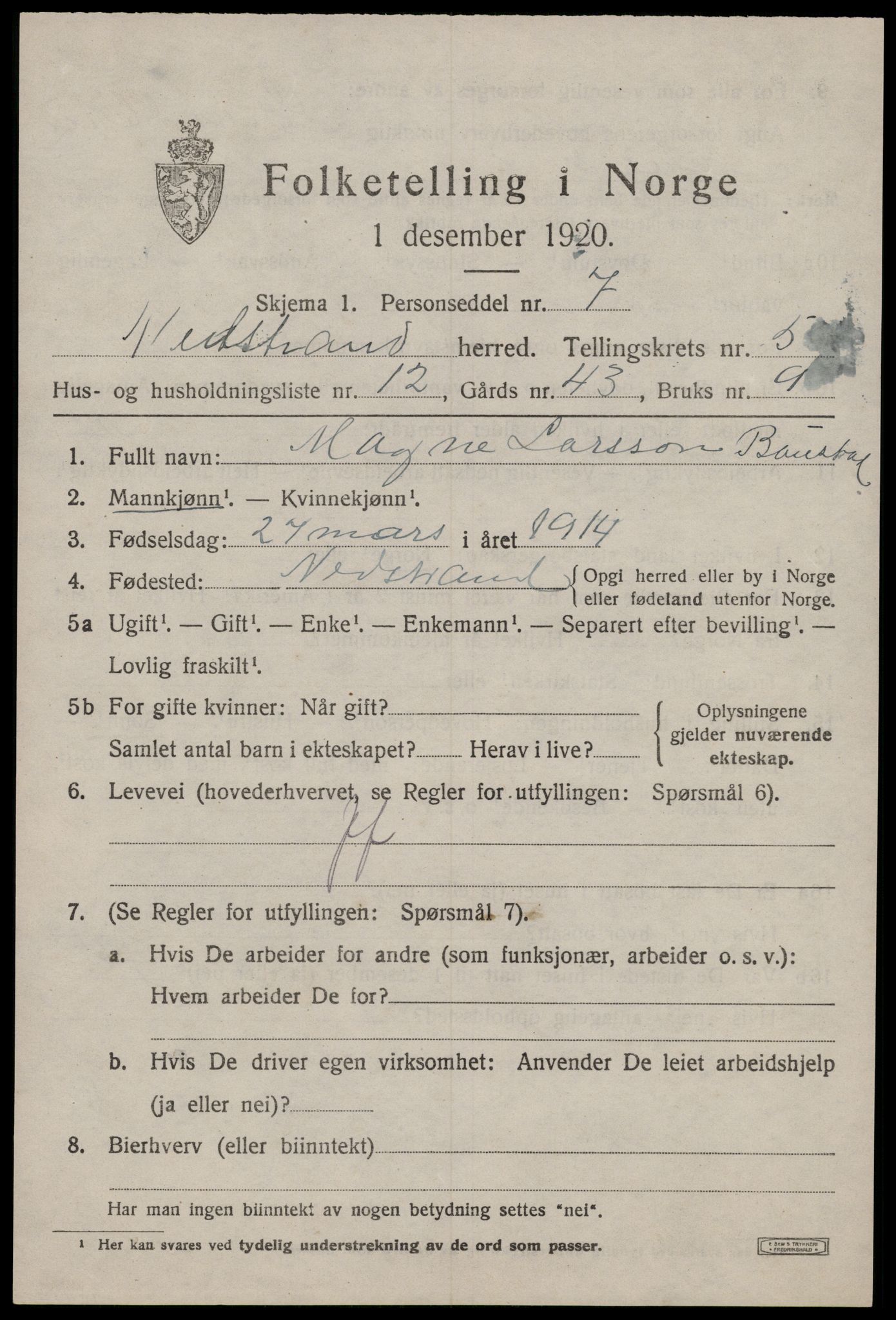 SAST, 1920 census for Nedstrand, 1920, p. 2407