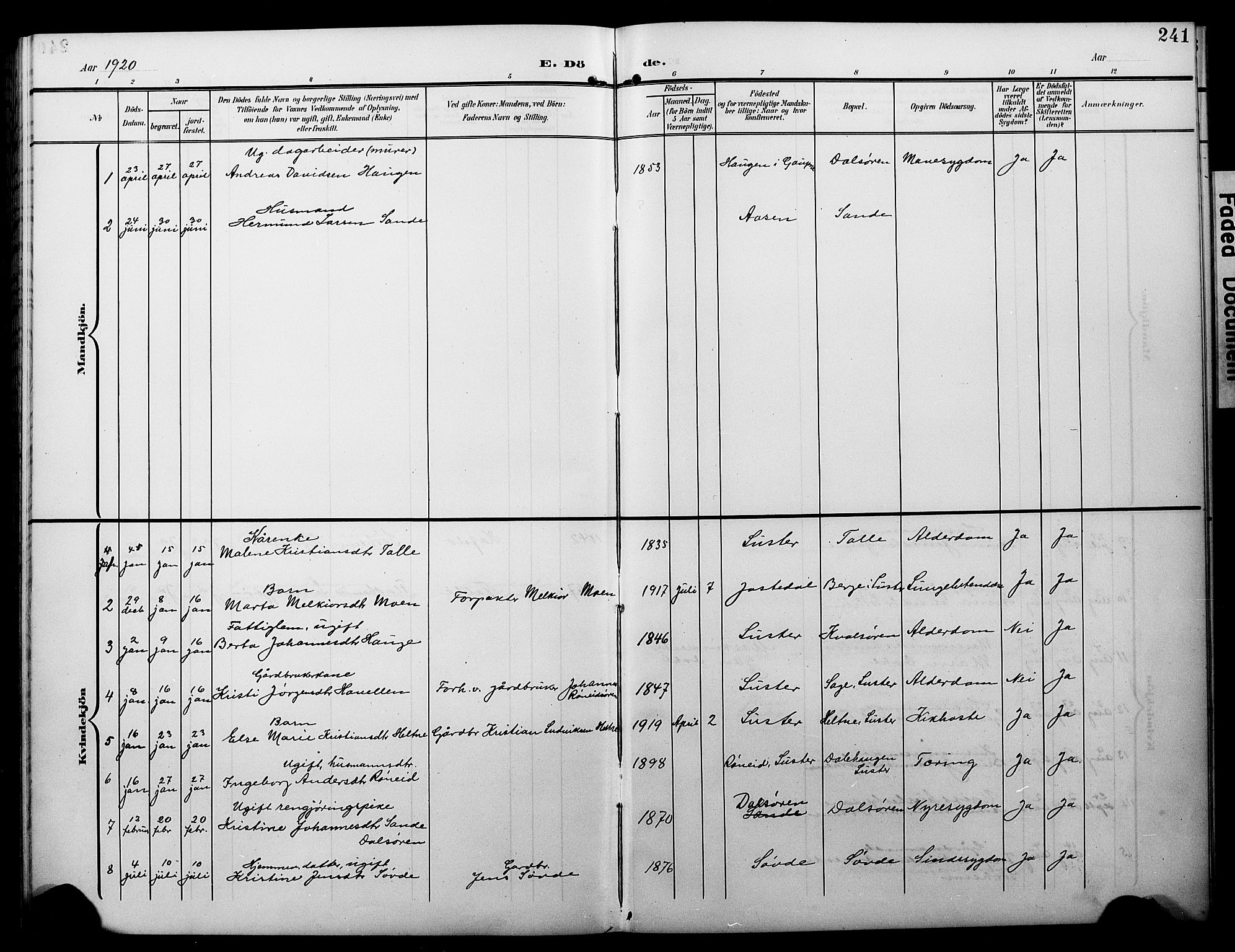 Luster sokneprestembete, AV/SAB-A-81101/H/Hab/Haba/L0001: Parish register (copy) no. A 1, 1903-1930, p. 241