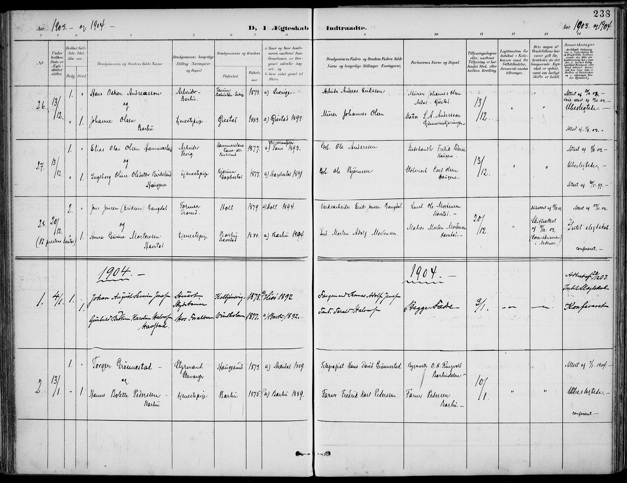 Barbu sokneprestkontor, SAK/1111-0003/F/Fa/L0005: Parish register (official) no. A 5, 1899-1909, p. 238