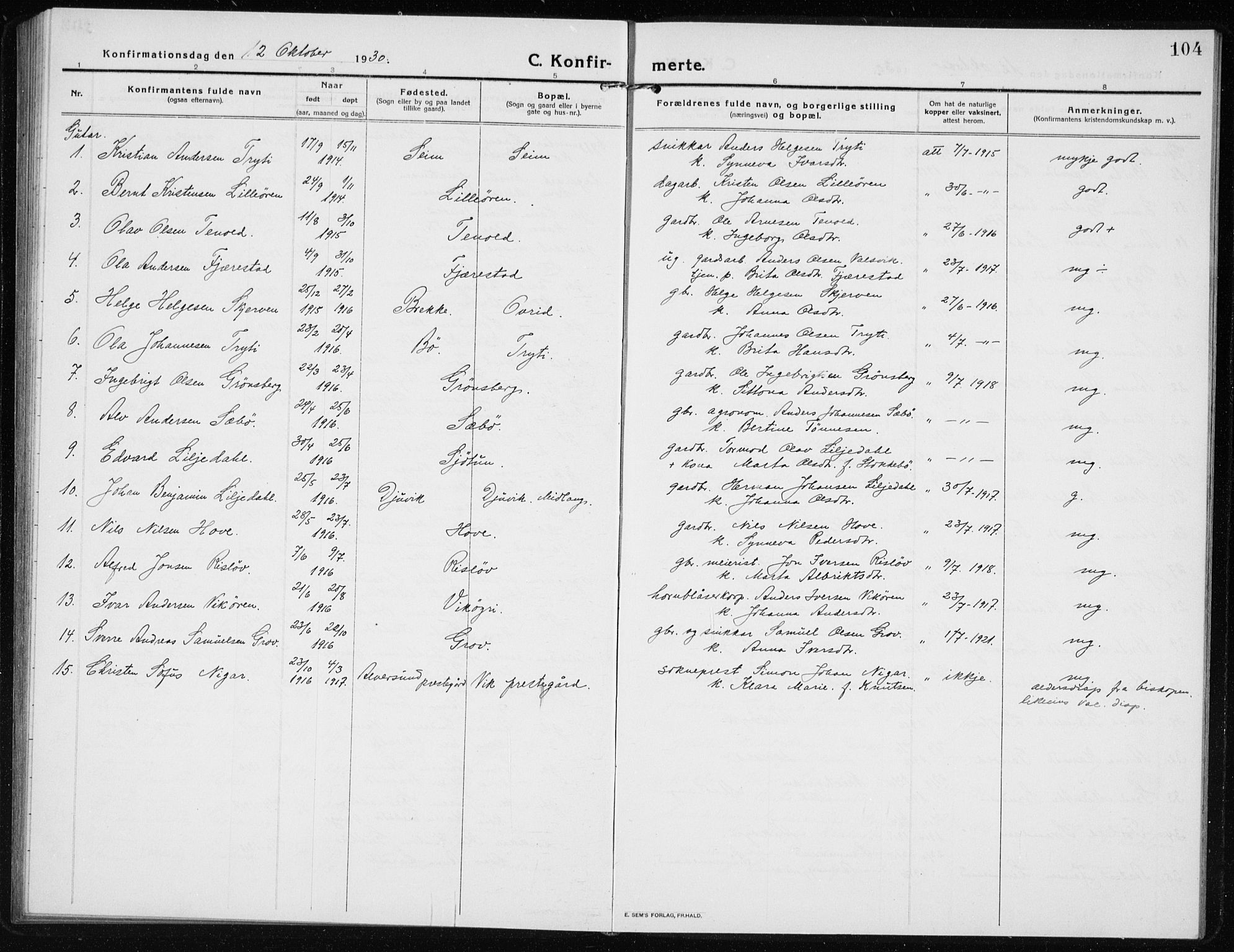 Vik sokneprestembete, AV/SAB-A-81501/H/Hab/Haba/L0005: Parish register (copy) no. A 5, 1915-1935, p. 104