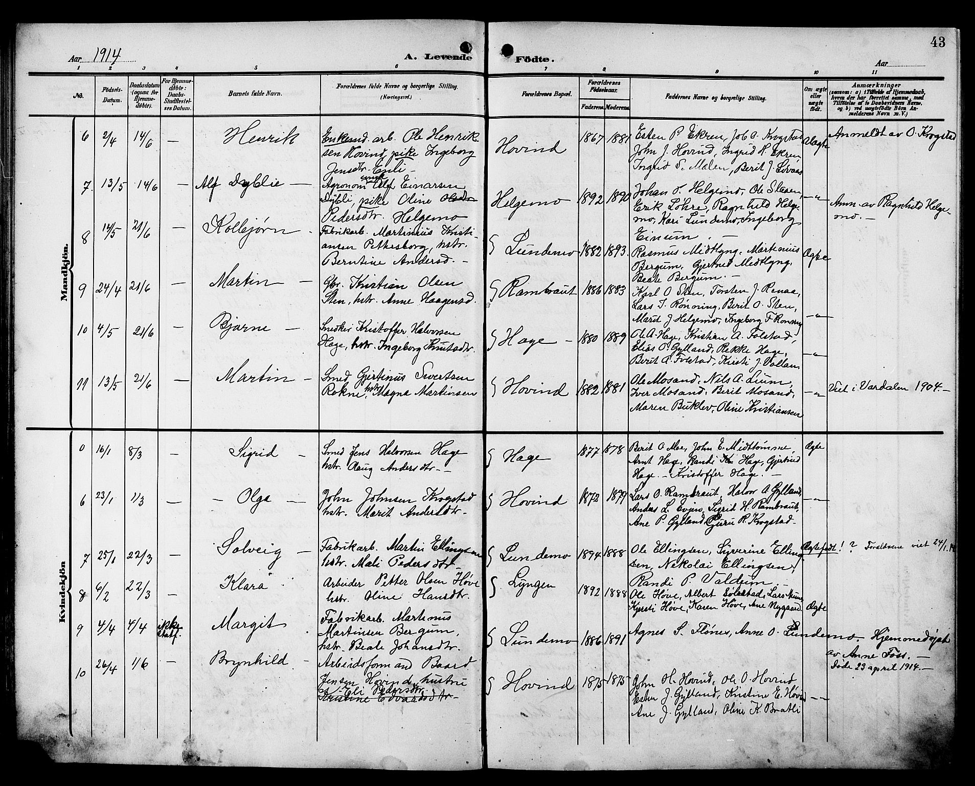 Ministerialprotokoller, klokkerbøker og fødselsregistre - Sør-Trøndelag, SAT/A-1456/692/L1112: Parish register (copy) no. 692C07, 1904-1918, p. 43