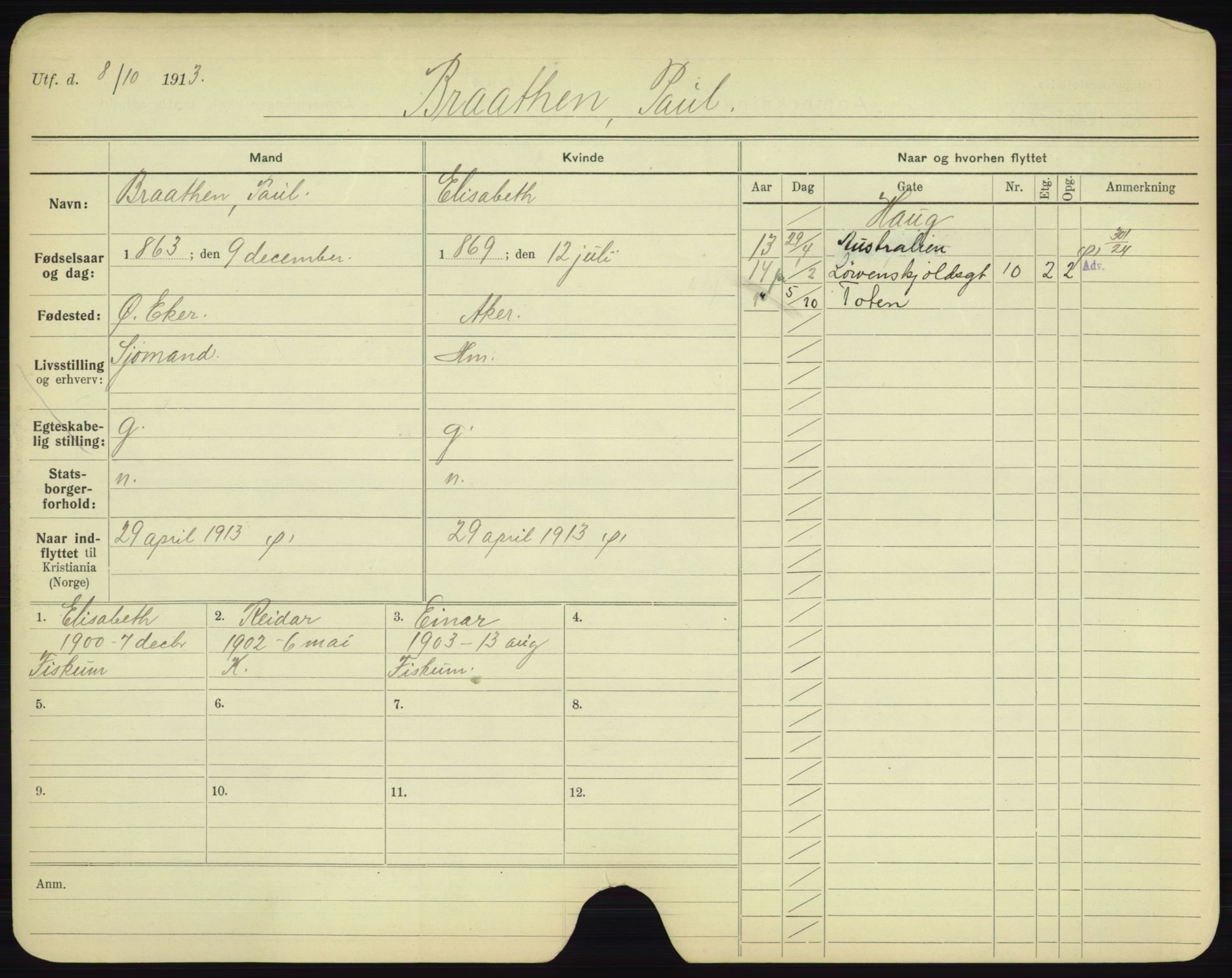 Oslo folkeregister, Registerkort, AV/SAO-A-11715/F/Fa/Fac/L0002: Menn, 1906-1914, p. 195a