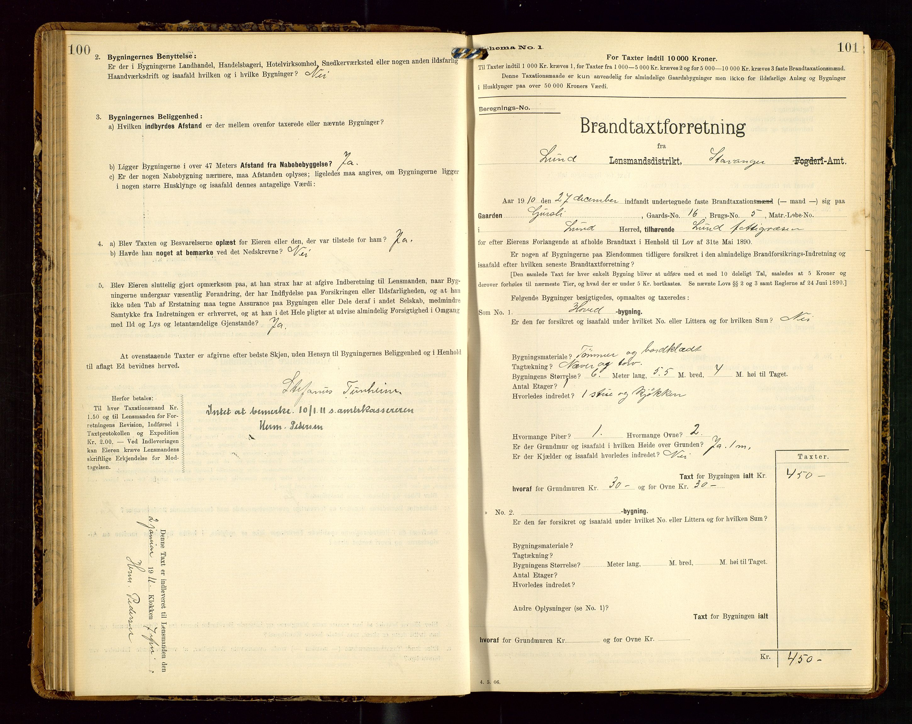 Lund lensmannskontor, SAST/A-100303/Gob/L0002: "Brandtakstprotokol", 1908-1918, p. 100-101
