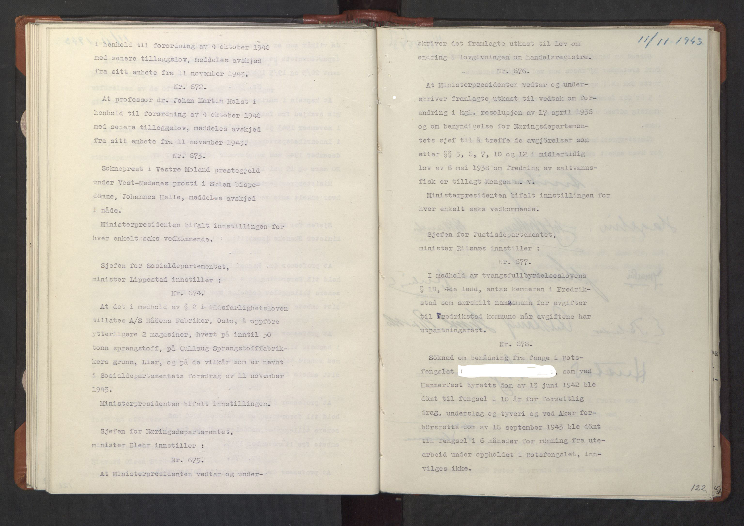 NS-administrasjonen 1940-1945 (Statsrådsekretariatet, de kommisariske statsråder mm), AV/RA-S-4279/D/Da/L0003: Vedtak (Beslutninger) nr. 1-746 og tillegg nr. 1-47 (RA. j.nr. 1394/1944, tilgangsnr. 8/1944, 1943, p. 124