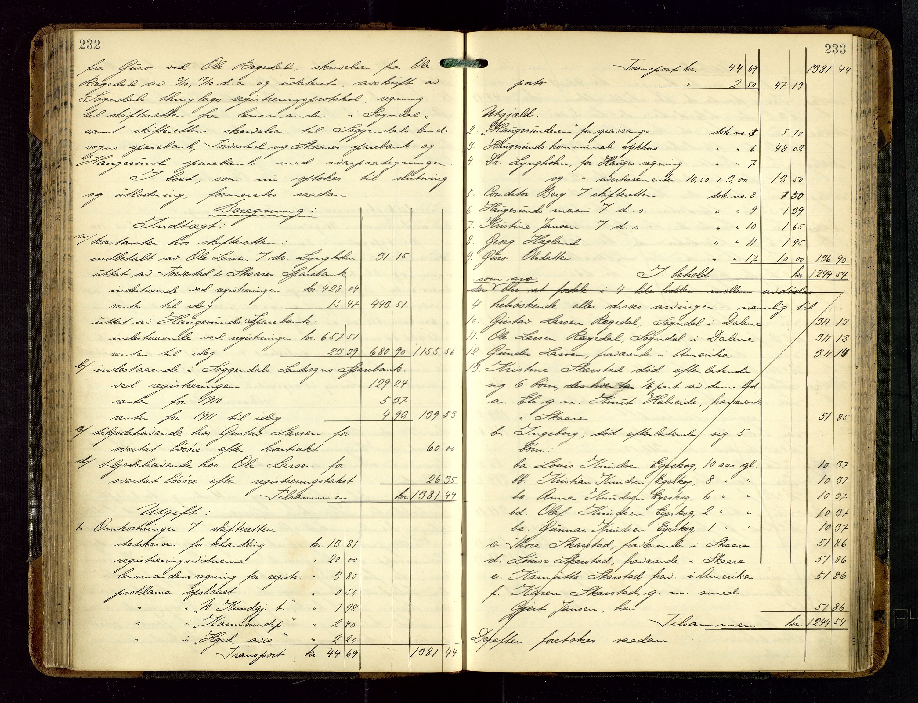 Haugesund tingrett, SAST/A-101415/01/IV/IVD/L0002: Skifteutlodningsprotokoll, med register, 1904-1915, p. 232-233