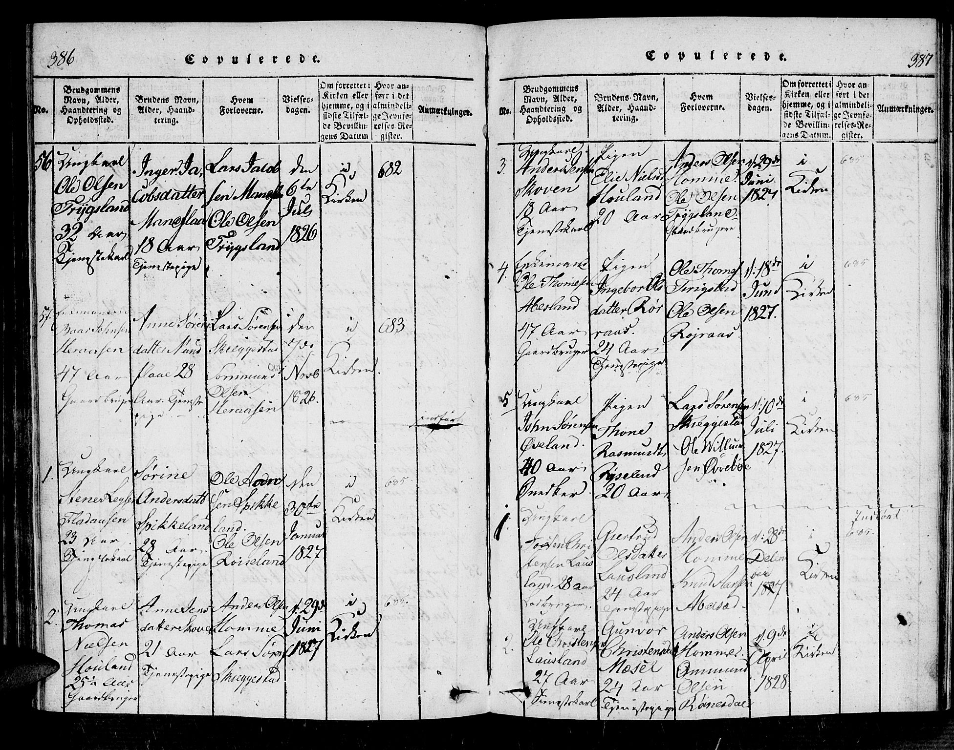 Bjelland sokneprestkontor, SAK/1111-0005/F/Fa/Fab/L0002: Parish register (official) no. A 2, 1816-1869, p. 386-387