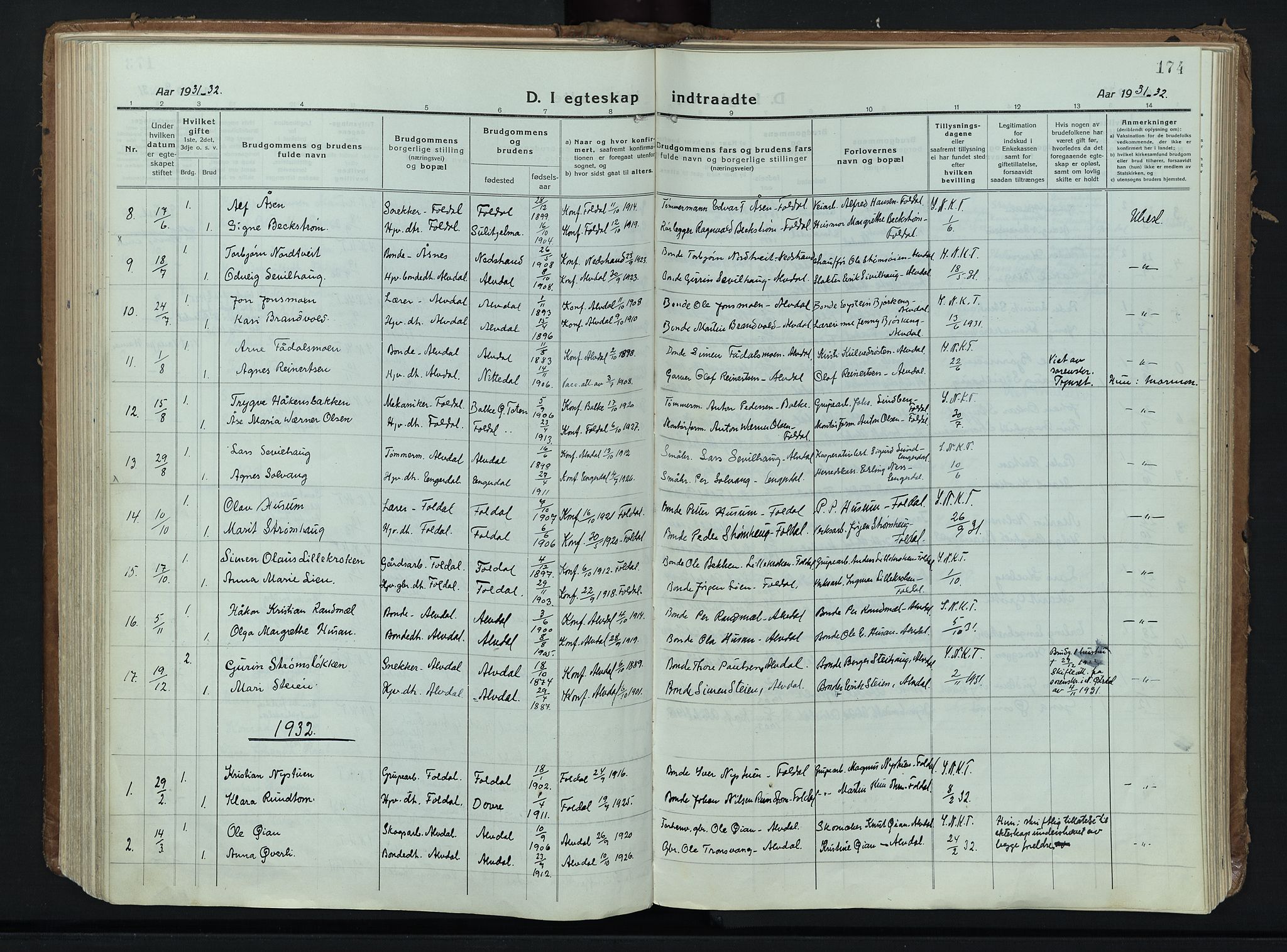 Alvdal prestekontor, SAH/PREST-060/H/Ha/Haa/L0006: Parish register (official) no. 6, 1920-1937, p. 174