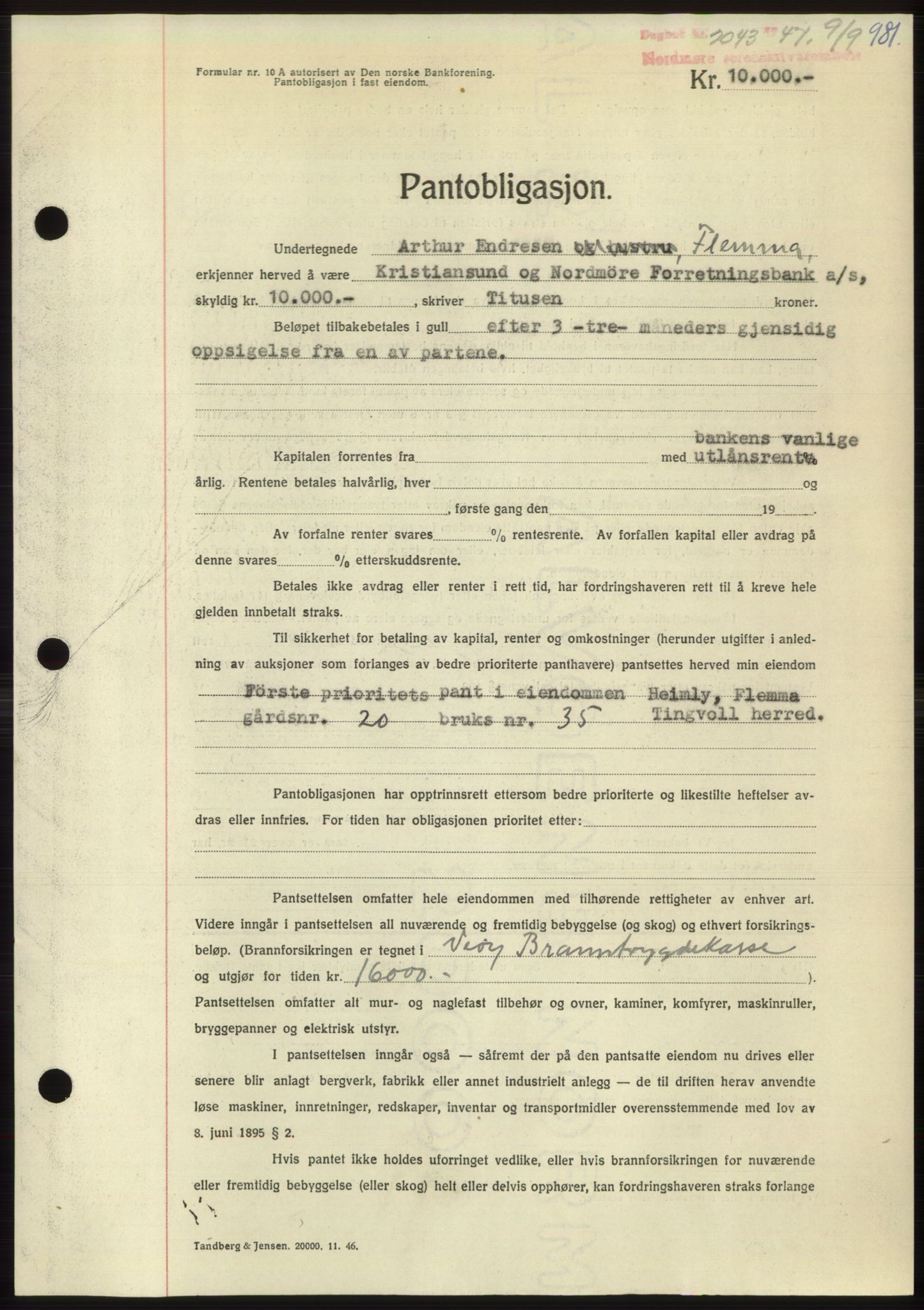 Nordmøre sorenskriveri, AV/SAT-A-4132/1/2/2Ca: Mortgage book no. B96, 1947-1947, Diary no: : 2043/1947