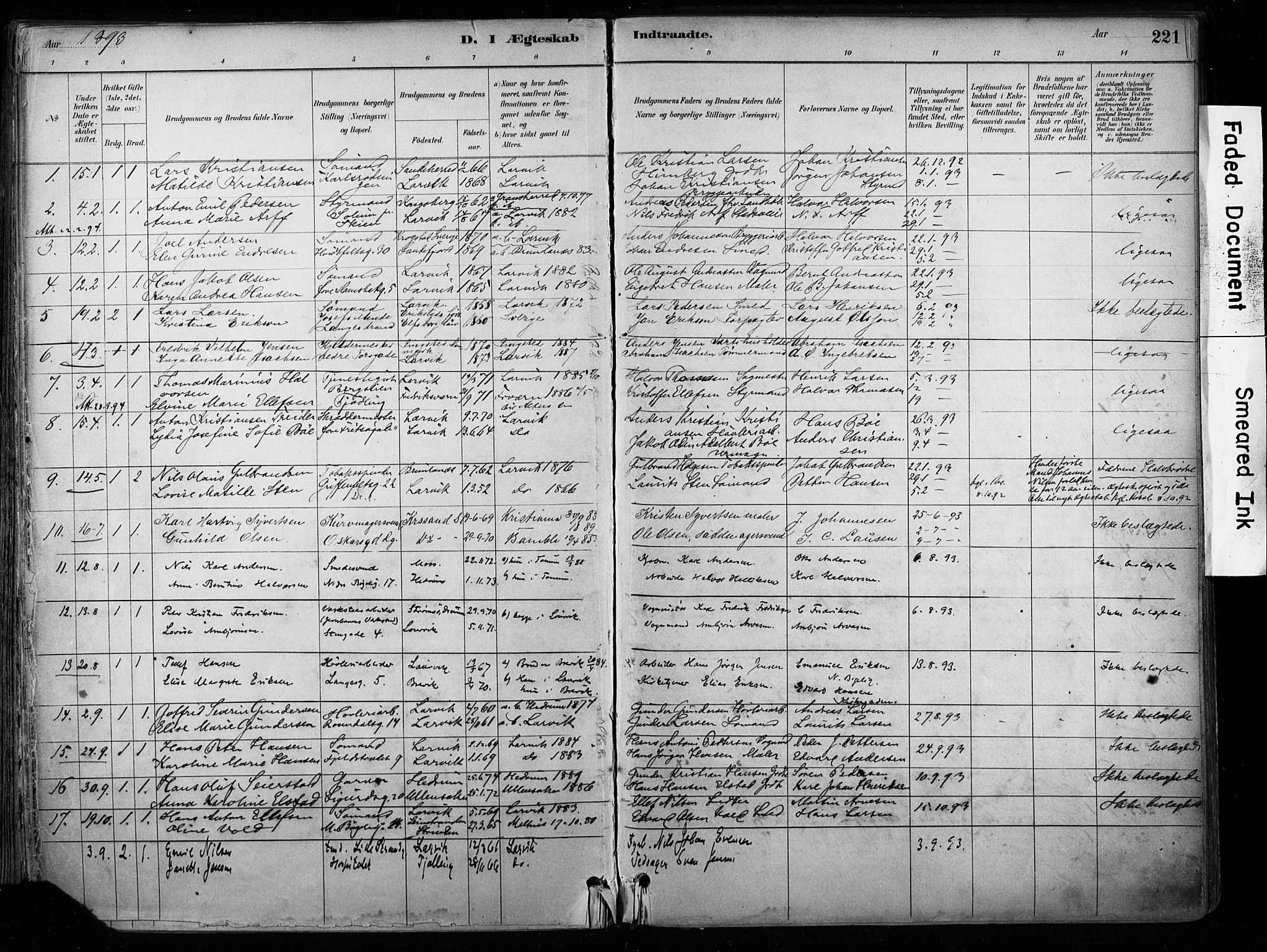 Larvik kirkebøker, SAKO/A-352/F/Fa/L0008: Parish register (official) no. I 8, 1884-1902, p. 221