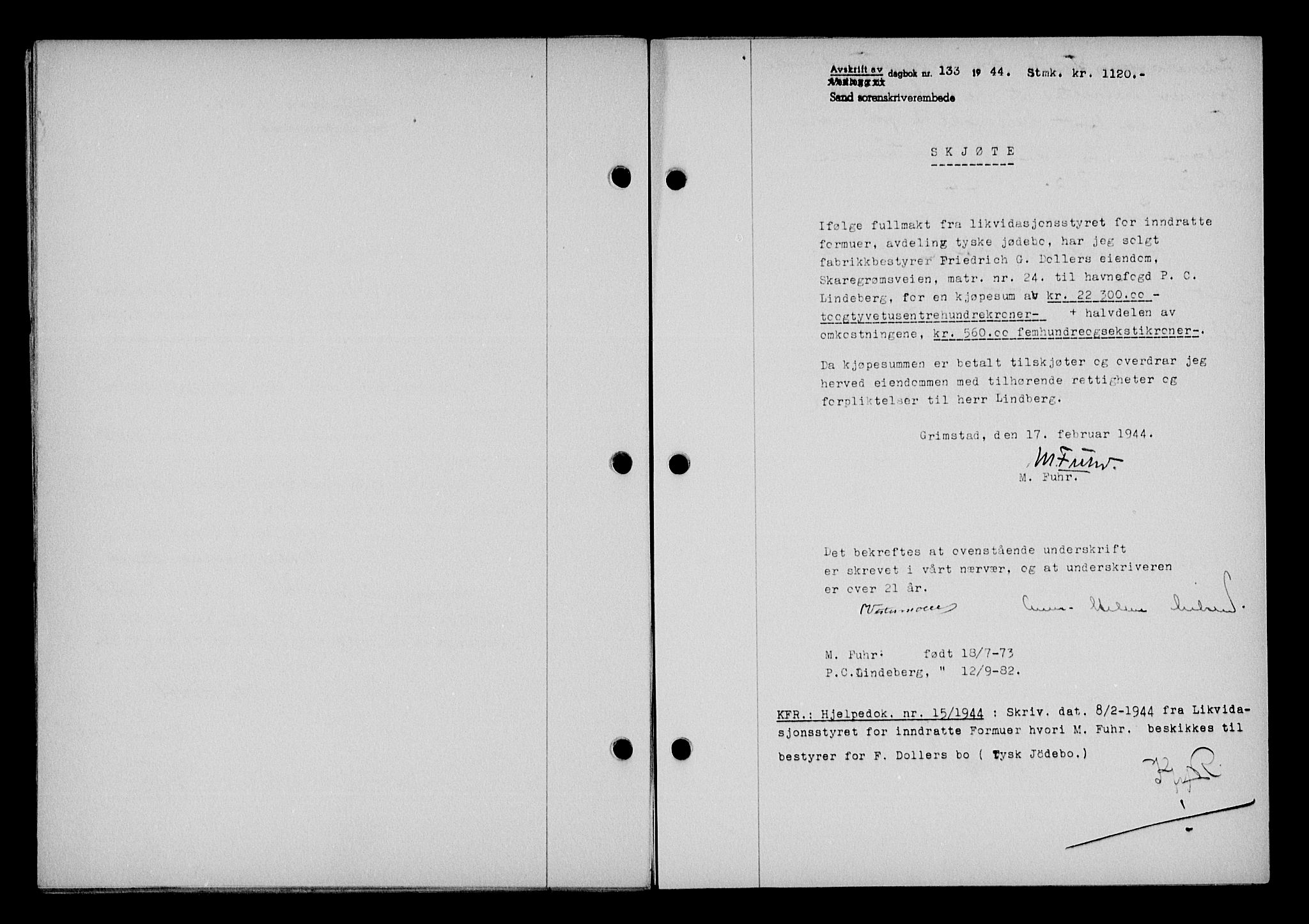 Vestre Nedenes/Sand sorenskriveri, SAK/1221-0010/G/Gb/Gba/L0053: Mortgage book no. A 6, 1944-1945, Diary no: : 133/1944
