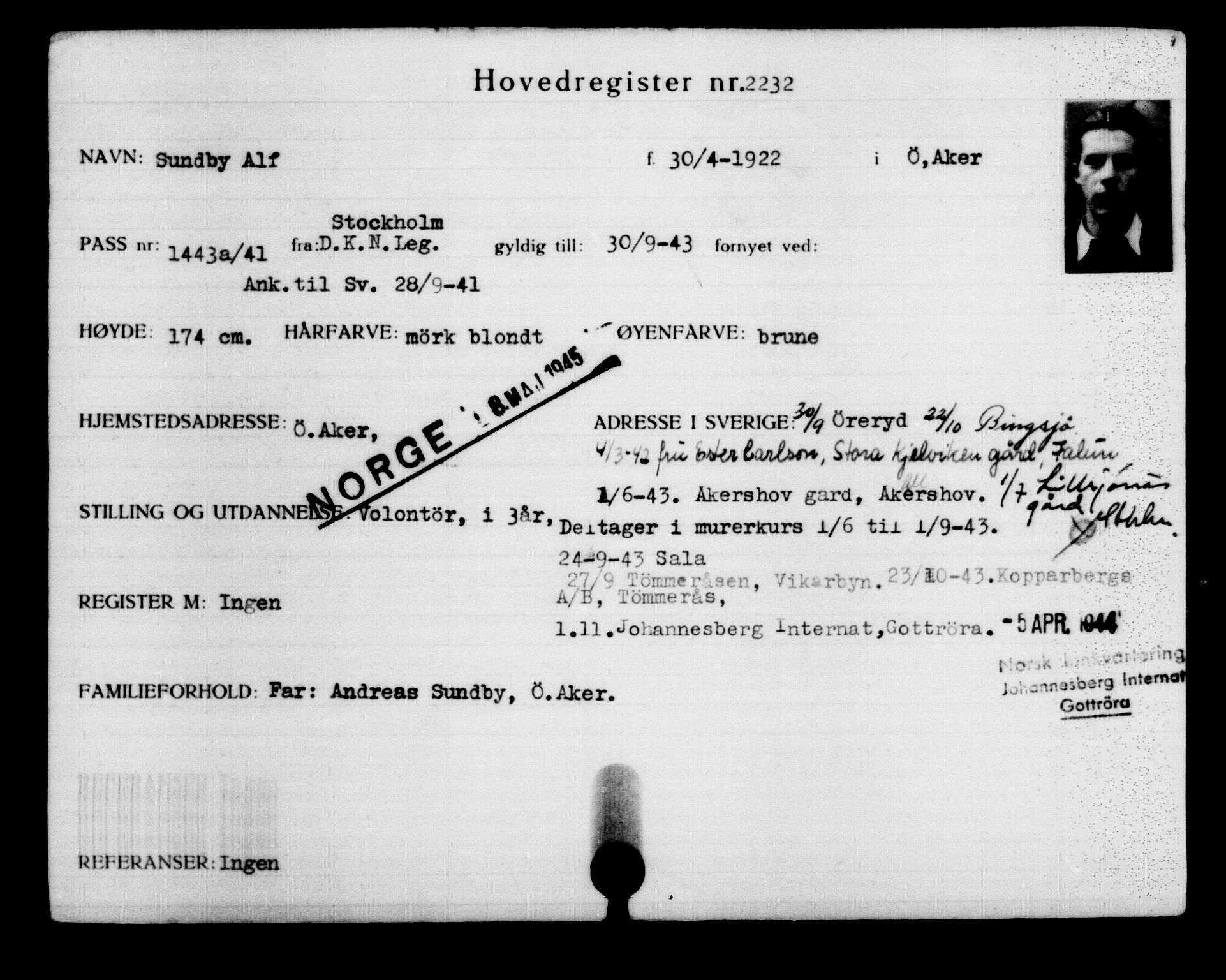 Utenriksstasjonene, Legasjonen i Stockholm, Flyktningkontoret, AV/RA-S-6753/V/Va/L0003: Kjesäterkartoteket, flyktninger med registreringsnr. 2001-3495, 1940-1945, p. 322