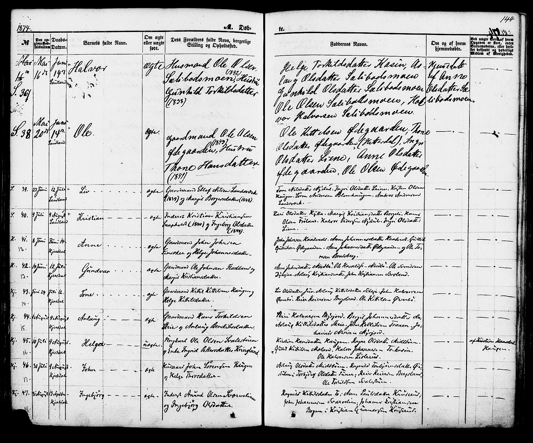Hjartdal kirkebøker, SAKO/A-270/F/Fa/L0009: Parish register (official) no. I 9, 1860-1879, p. 144
