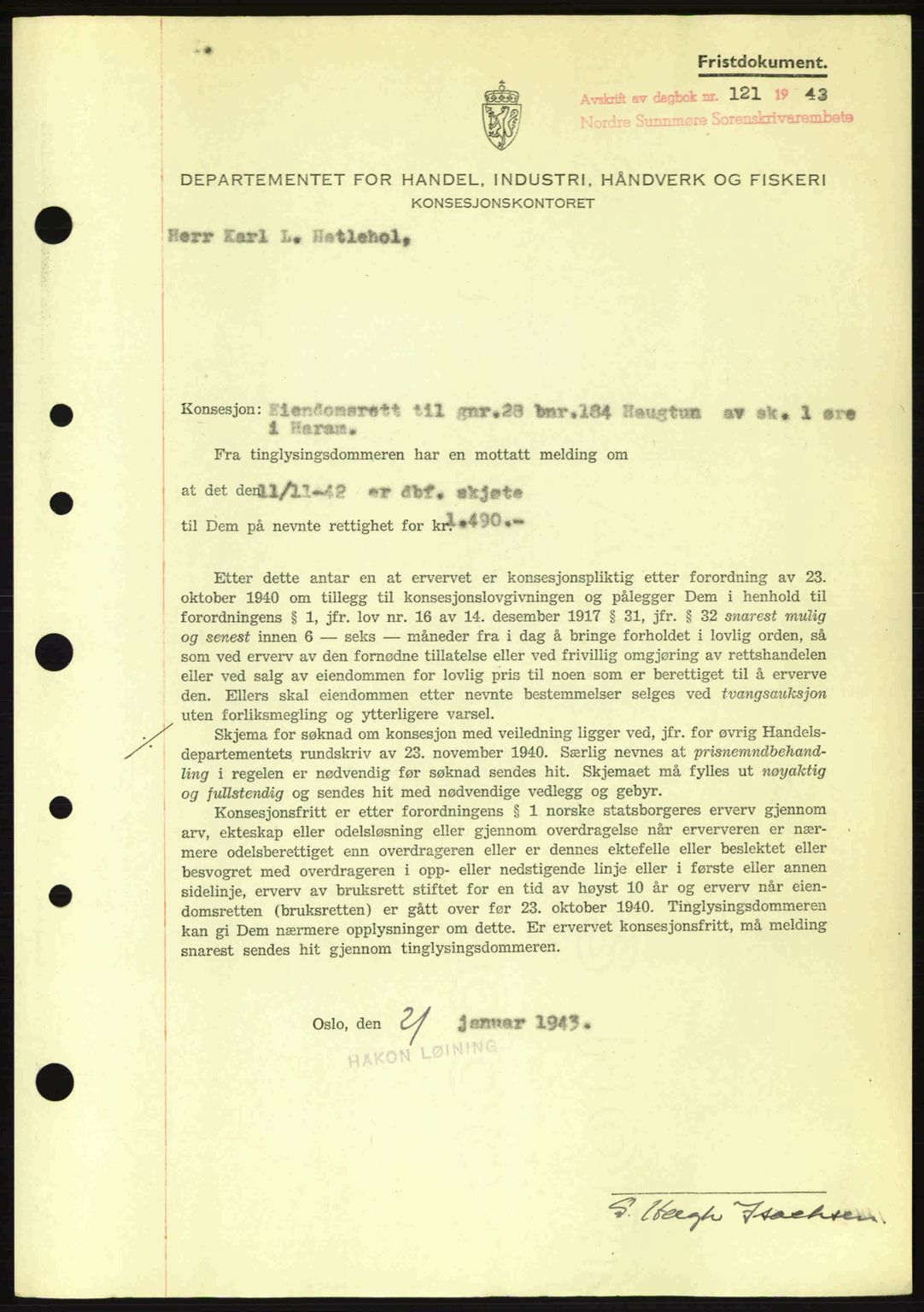 Nordre Sunnmøre sorenskriveri, SAT/A-0006/1/2/2C/2Ca: Mortgage book no. B6-14 a, 1942-1945, Diary no: : 121/1943