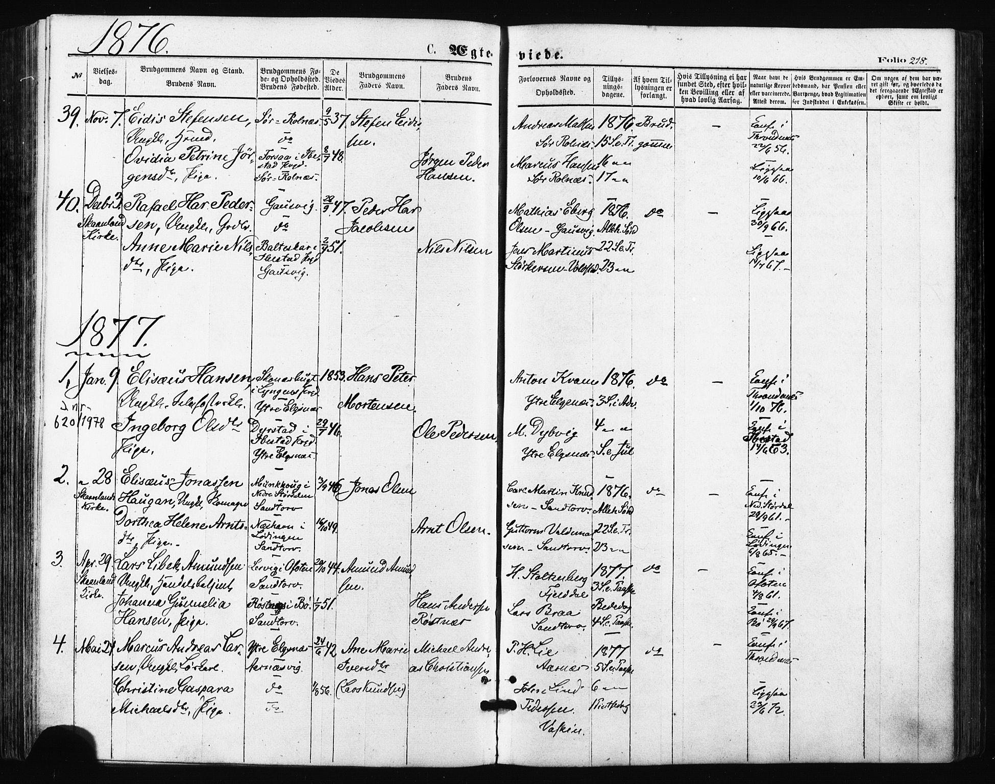 Trondenes sokneprestkontor, AV/SATØ-S-1319/H/Ha/L0013kirke: Parish register (official) no. 13, 1870-1878, p. 218