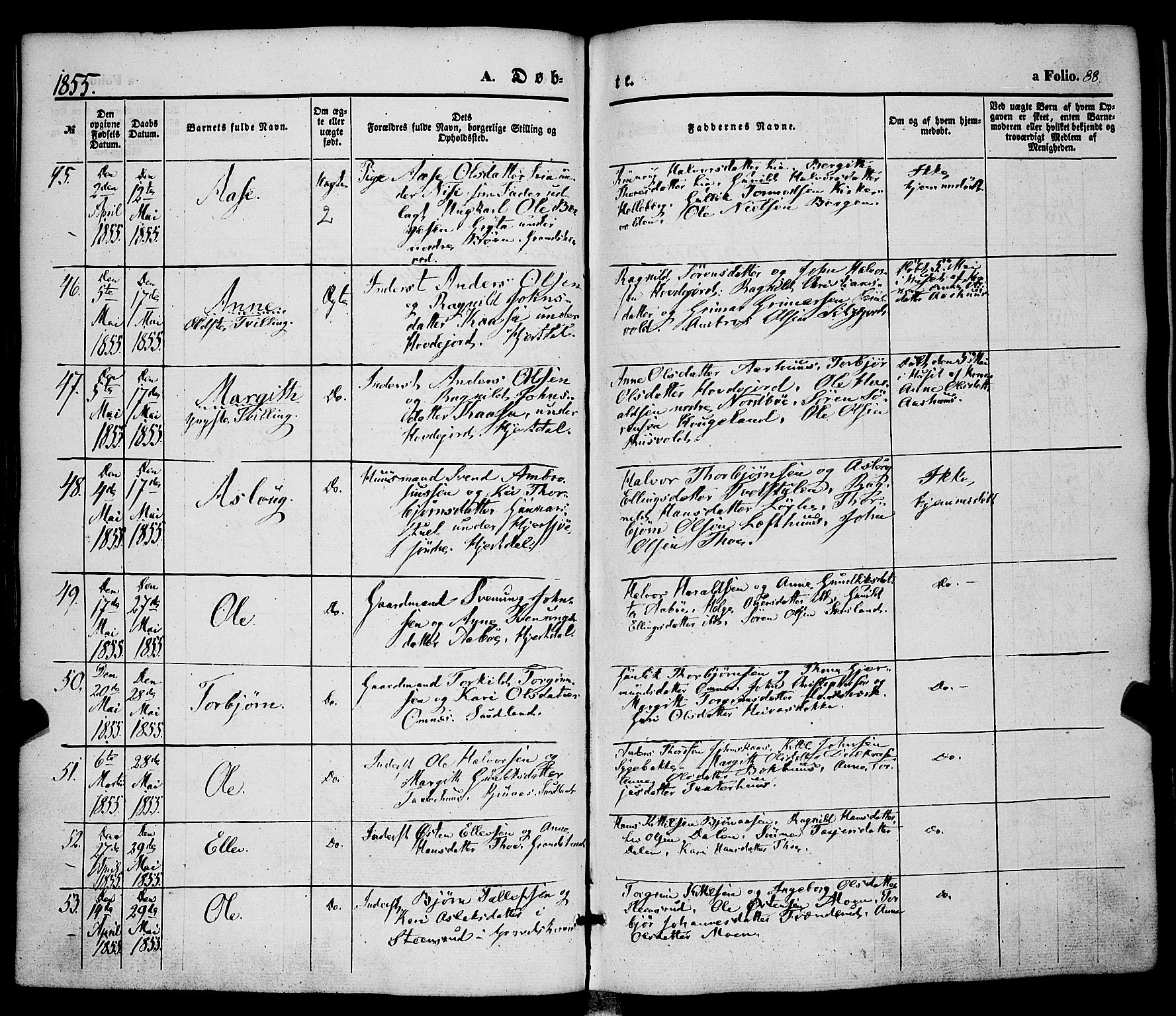 Hjartdal kirkebøker, AV/SAKO-A-270/F/Fa/L0008: Parish register (official) no. I 8, 1844-1859, p. 88