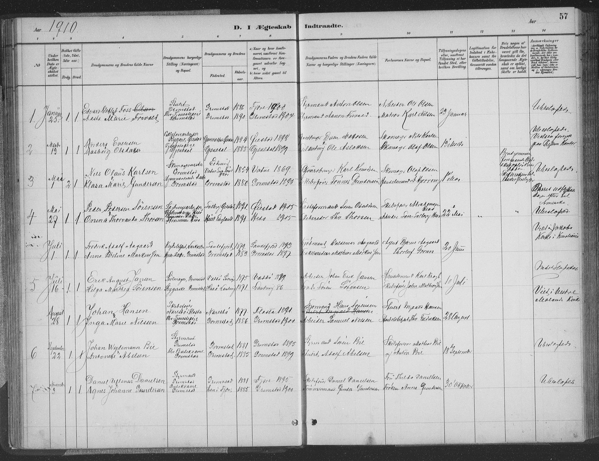 Grimstad sokneprestkontor, SAK/1111-0017/F/Fa/L0004: Parish register (official) no. A 3, 1882-1910, p. 57