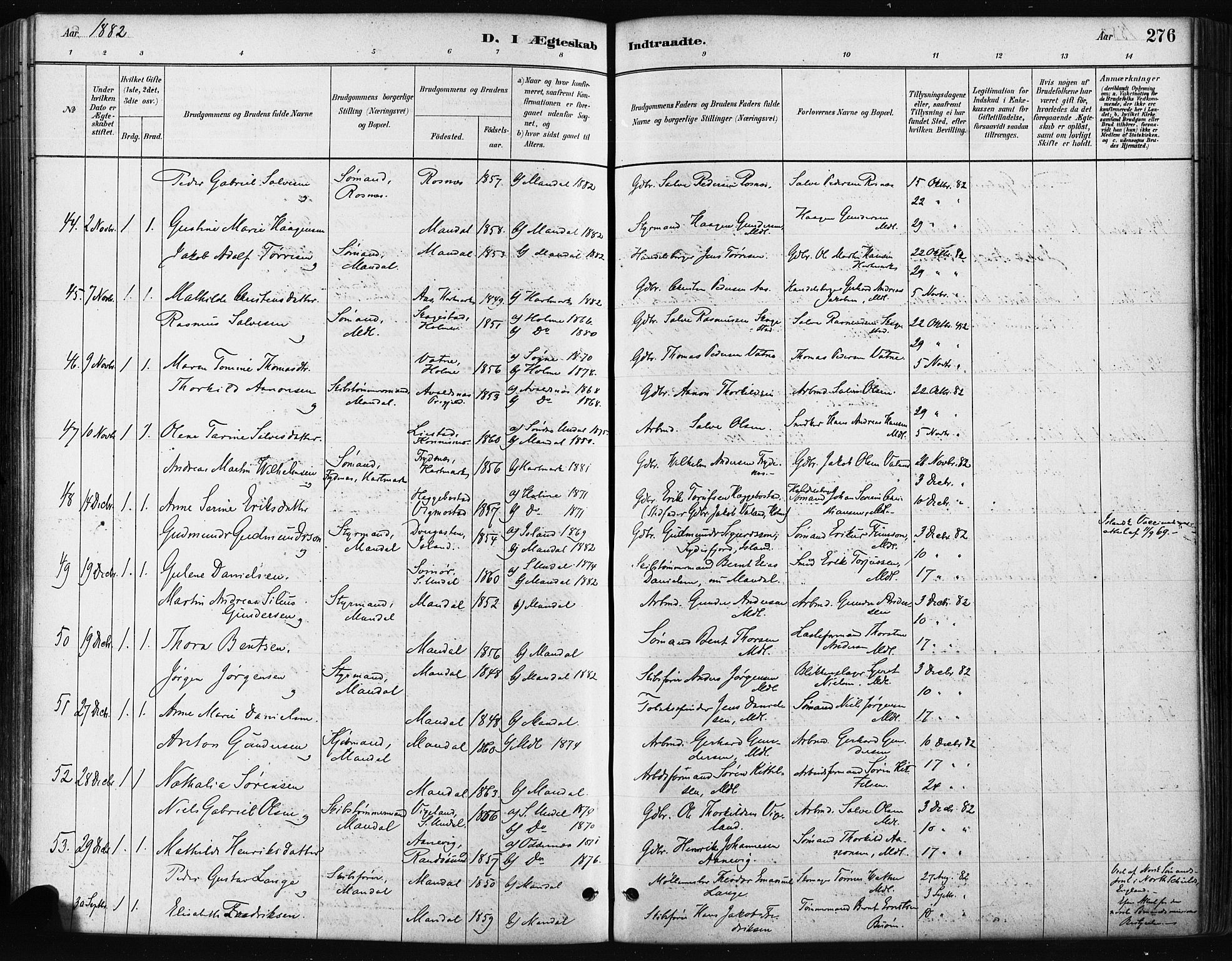 Mandal sokneprestkontor, AV/SAK-1111-0030/F/Fa/Faa/L0016: Parish register (official) no. A 16, 1880-1890, p. 276