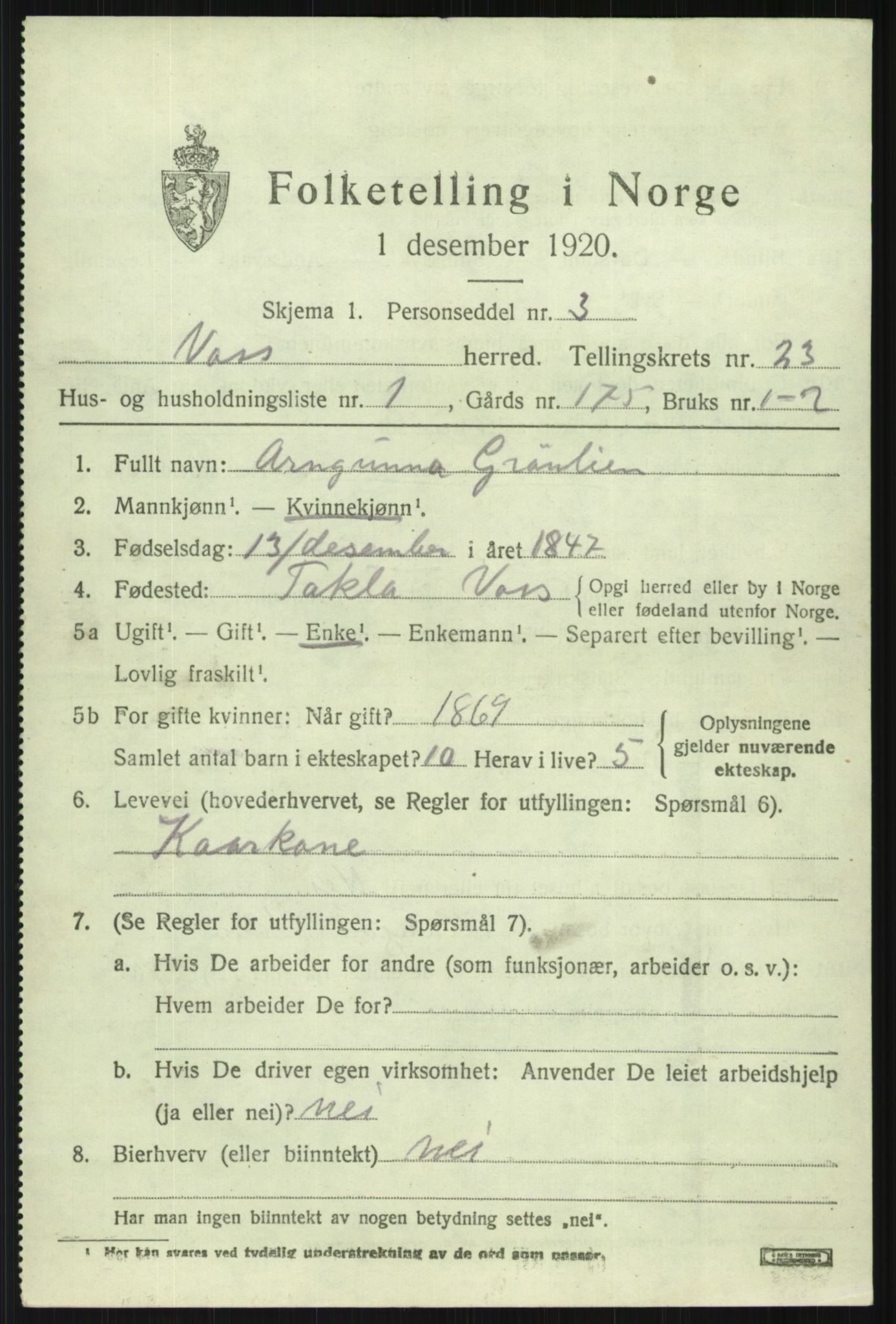 SAB, 1920 census for Voss, 1920, p. 15633