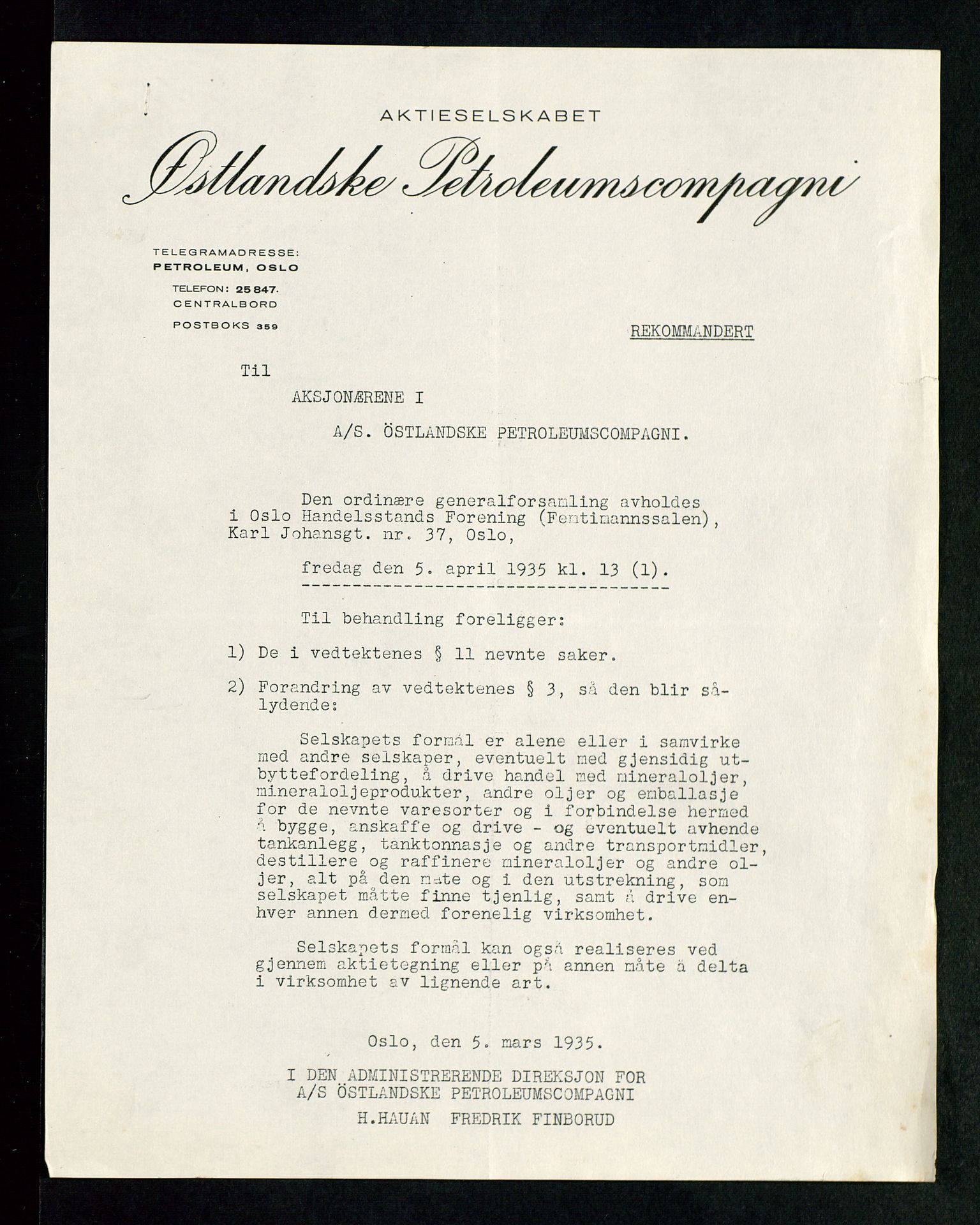 PA 1534 - Østlandske Petroleumscompagni A/S, AV/SAST-A-101954/A/Aa/L0002/0003: Generalforsamlinger. / Generalforsamling, 1935, p. 2