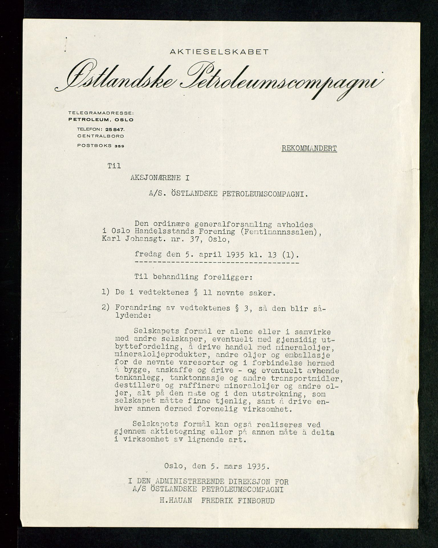 PA 1534 - Østlandske Petroleumscompagni A/S, SAST/A-101954/A/Aa/L0002/0003: Generalforsamlinger. / Generalforsamling, 1935, p. 2