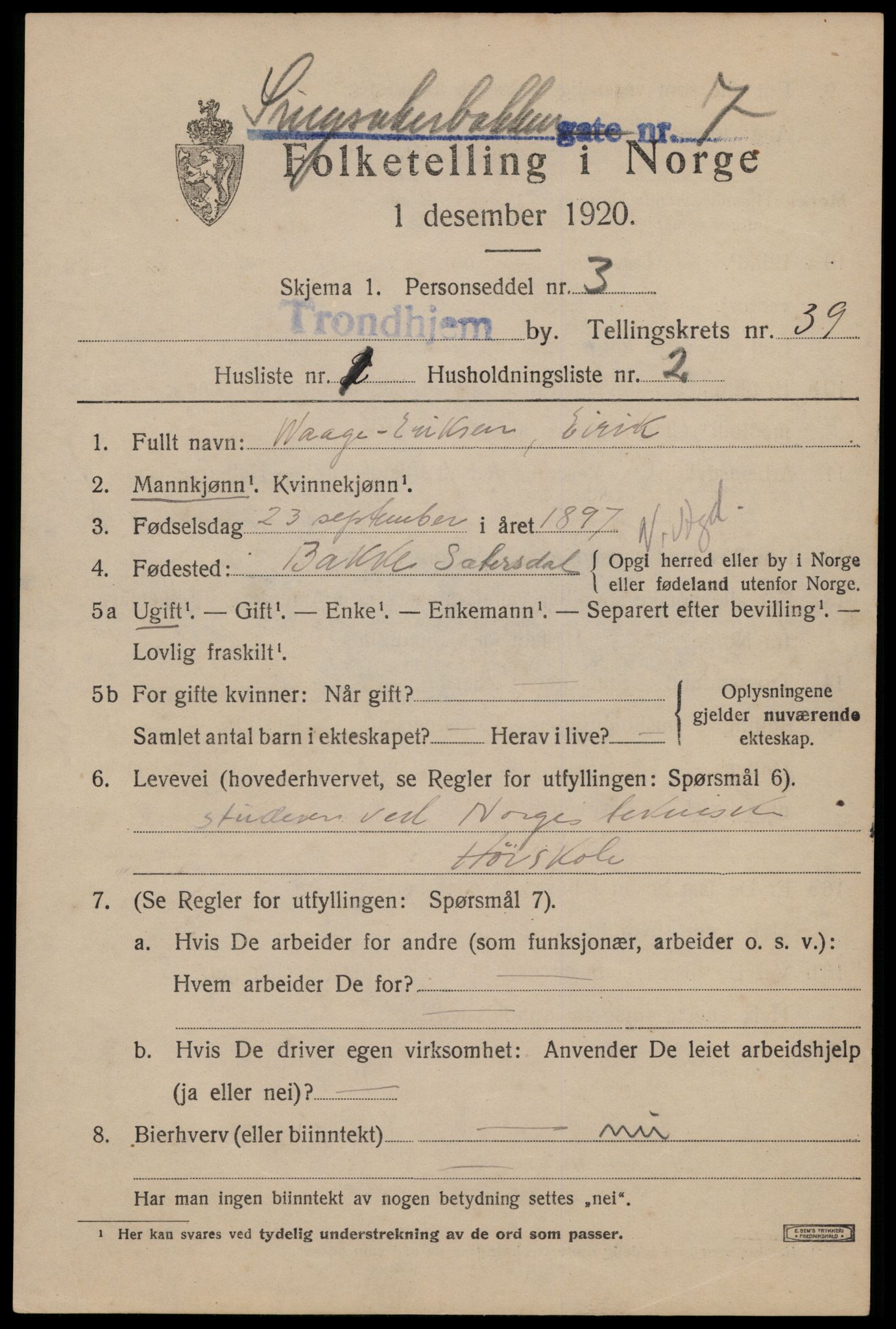 SAT, 1920 census for Trondheim, 1920, p. 87834