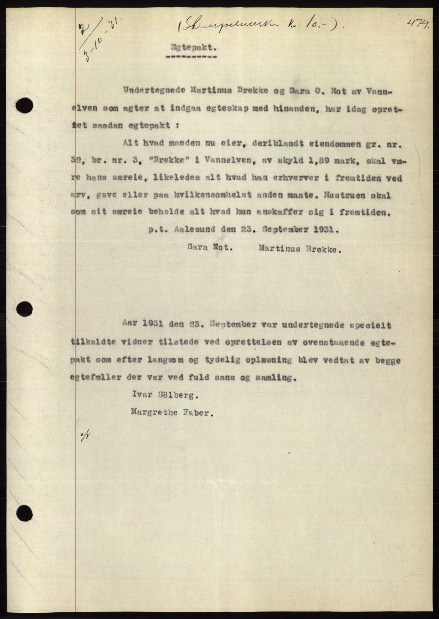 Søre Sunnmøre sorenskriveri, AV/SAT-A-4122/1/2/2C/L0052: Mortgage book no. 46, 1931-1931, Deed date: 03.10.1931