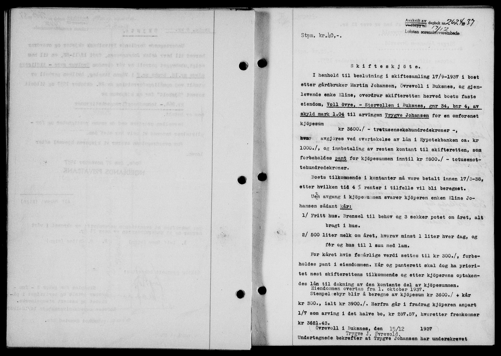 Lofoten sorenskriveri, SAT/A-0017/1/2/2C/L0003a: Mortgage book no. 3a, 1937-1938, Diary no: : 2624/1937