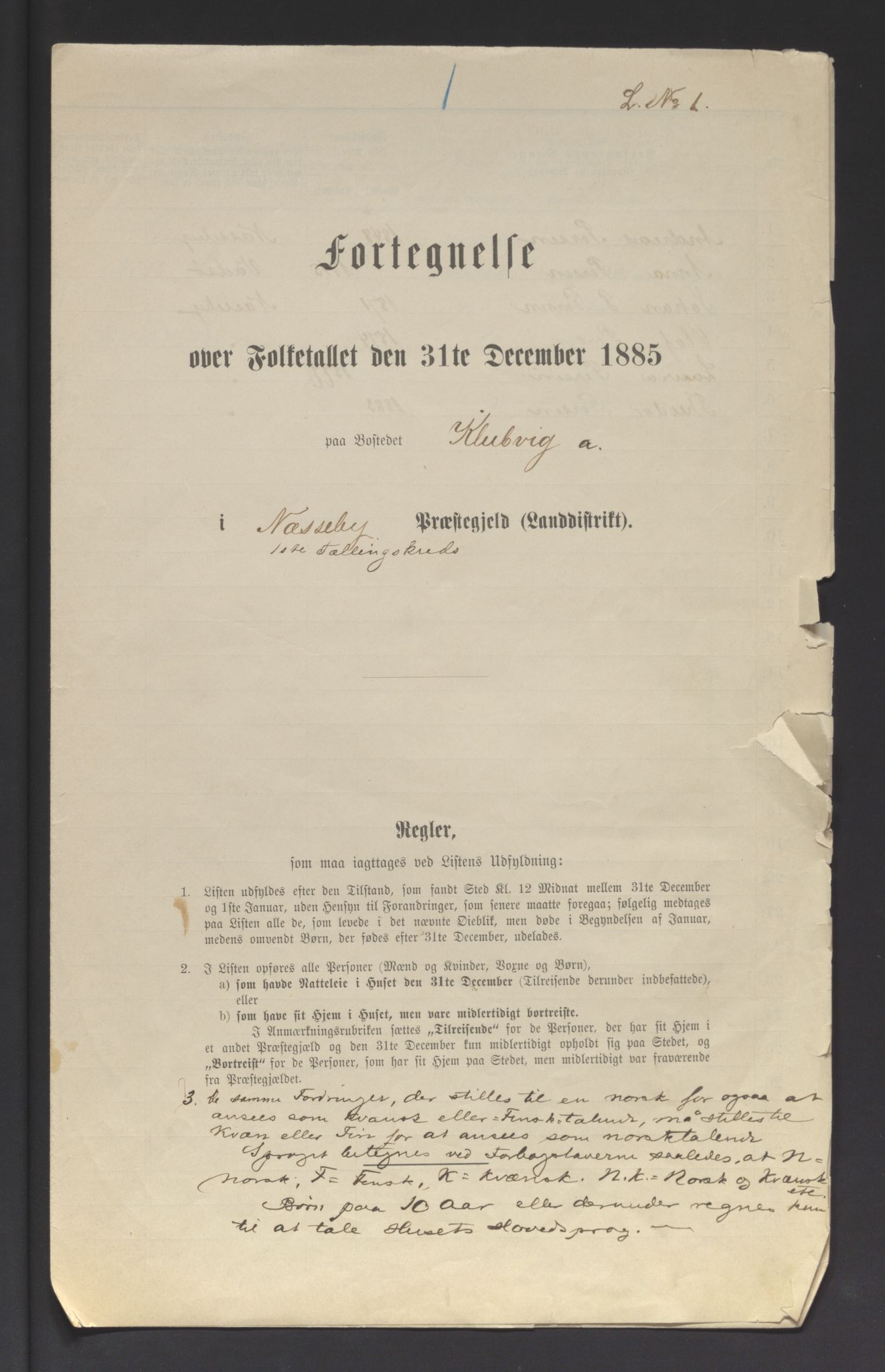 SATØ, 1885 census for 2027 Nesseby, 1885, p. 1a