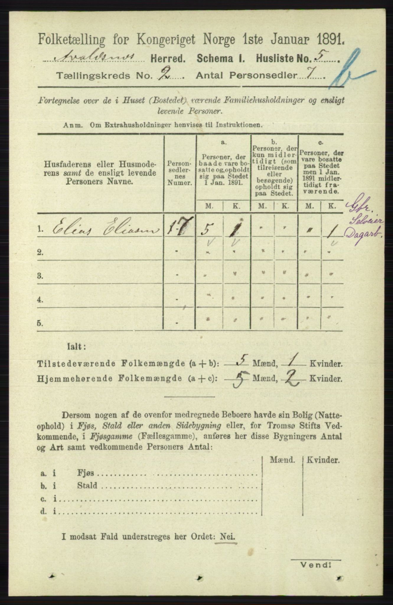 RA, 1891 census for 1147 Avaldsnes, 1891, p. 1894