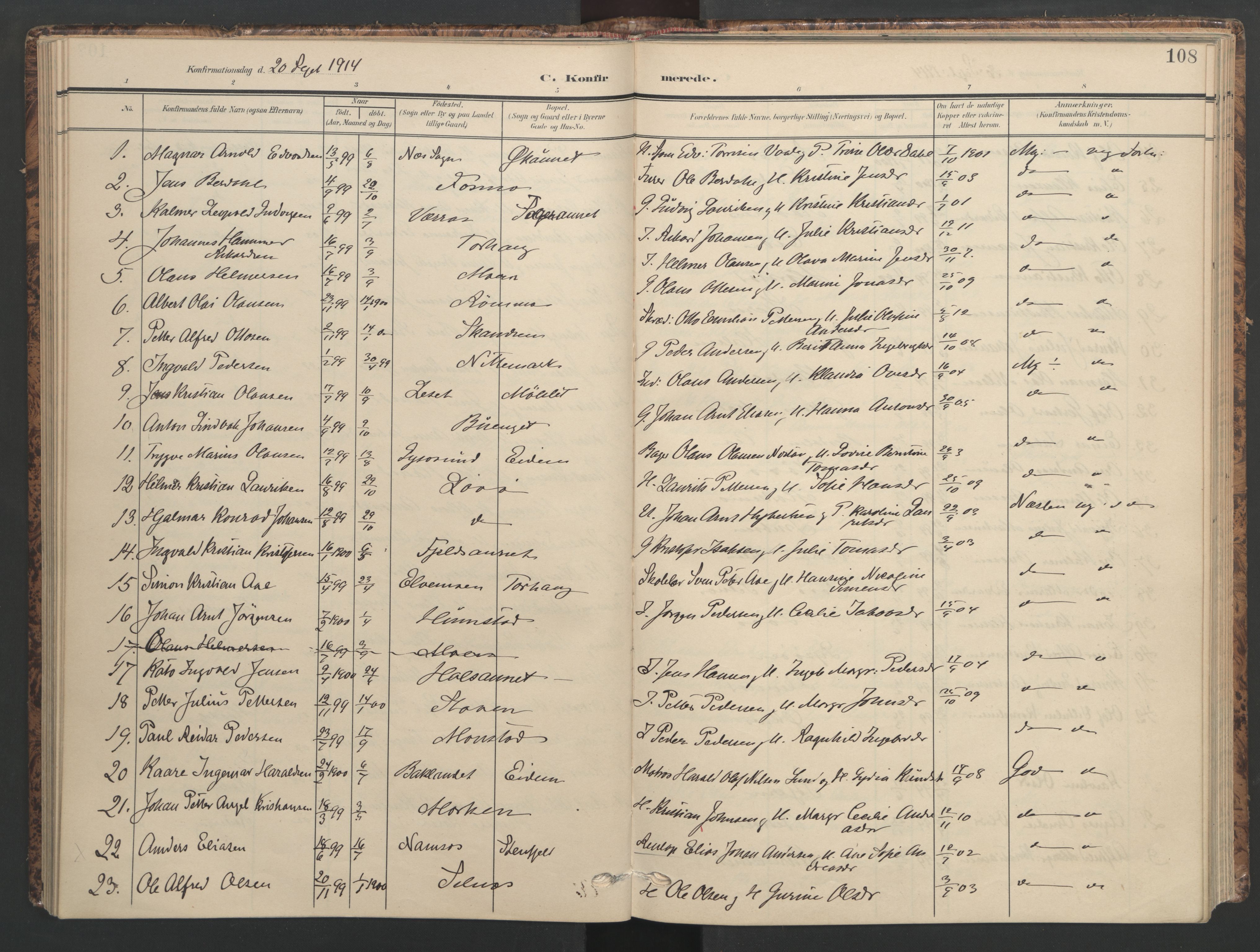 Ministerialprotokoller, klokkerbøker og fødselsregistre - Sør-Trøndelag, SAT/A-1456/655/L0682: Parish register (official) no. 655A11, 1908-1922, p. 108
