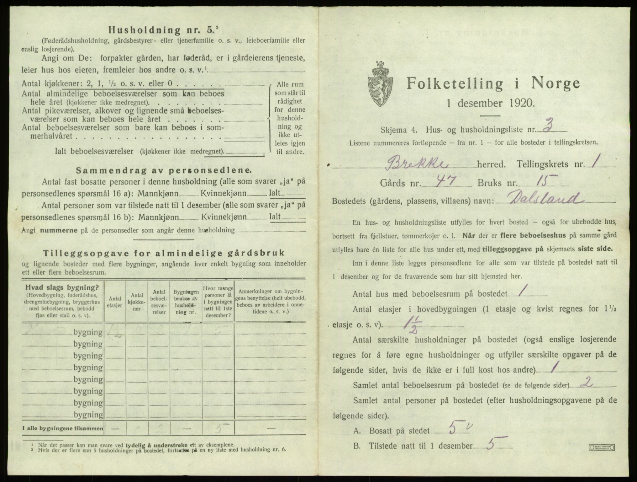 SAB, 1920 census for Brekke, 1920, p. 37