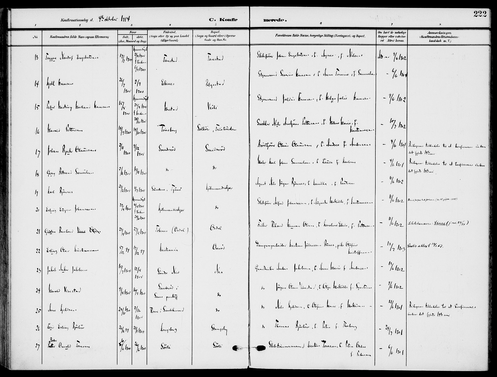 Nøtterøy kirkebøker, AV/SAKO-A-354/F/Fa/L0010: Parish register (official) no. I 10, 1908-1919, p. 222