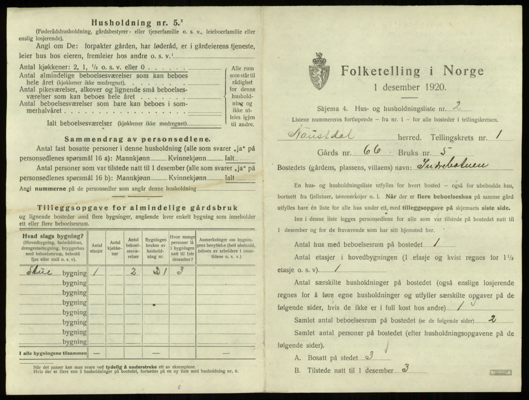 SAB, 1920 census for Naustdal, 1920, p. 5