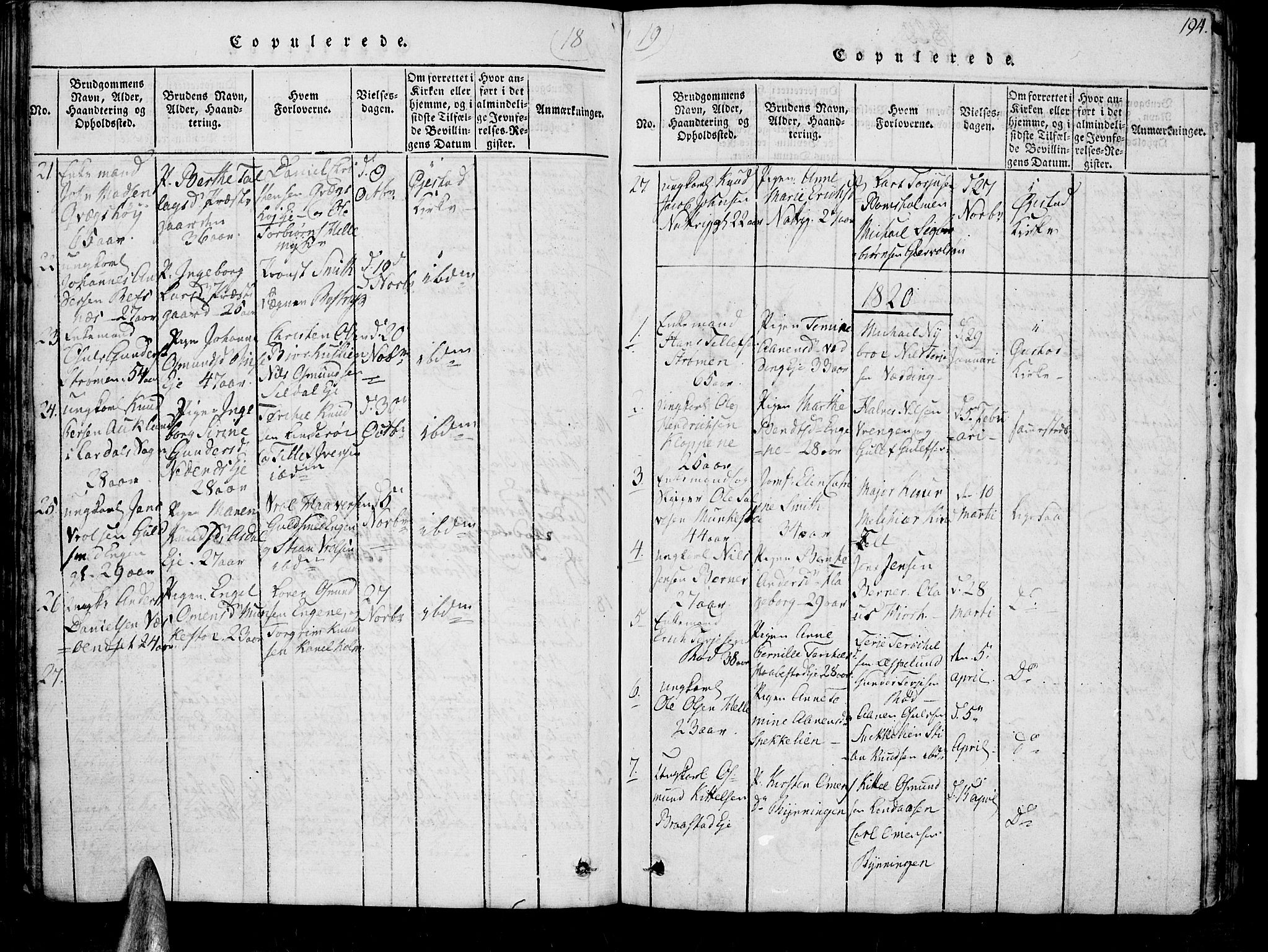 Øyestad sokneprestkontor, SAK/1111-0049/F/Fb/L0003: Parish register (copy) no. B 3, 1816-1827, p. 194