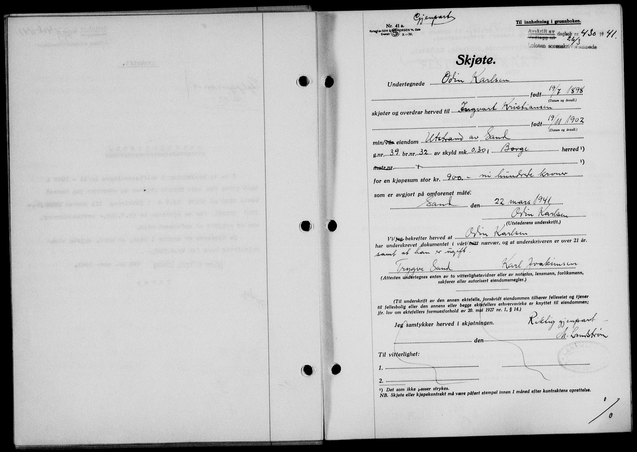 Lofoten sorenskriveri, SAT/A-0017/1/2/2C/L0008a: Mortgage book no. 8a, 1940-1941, Diary no: : 430/1941