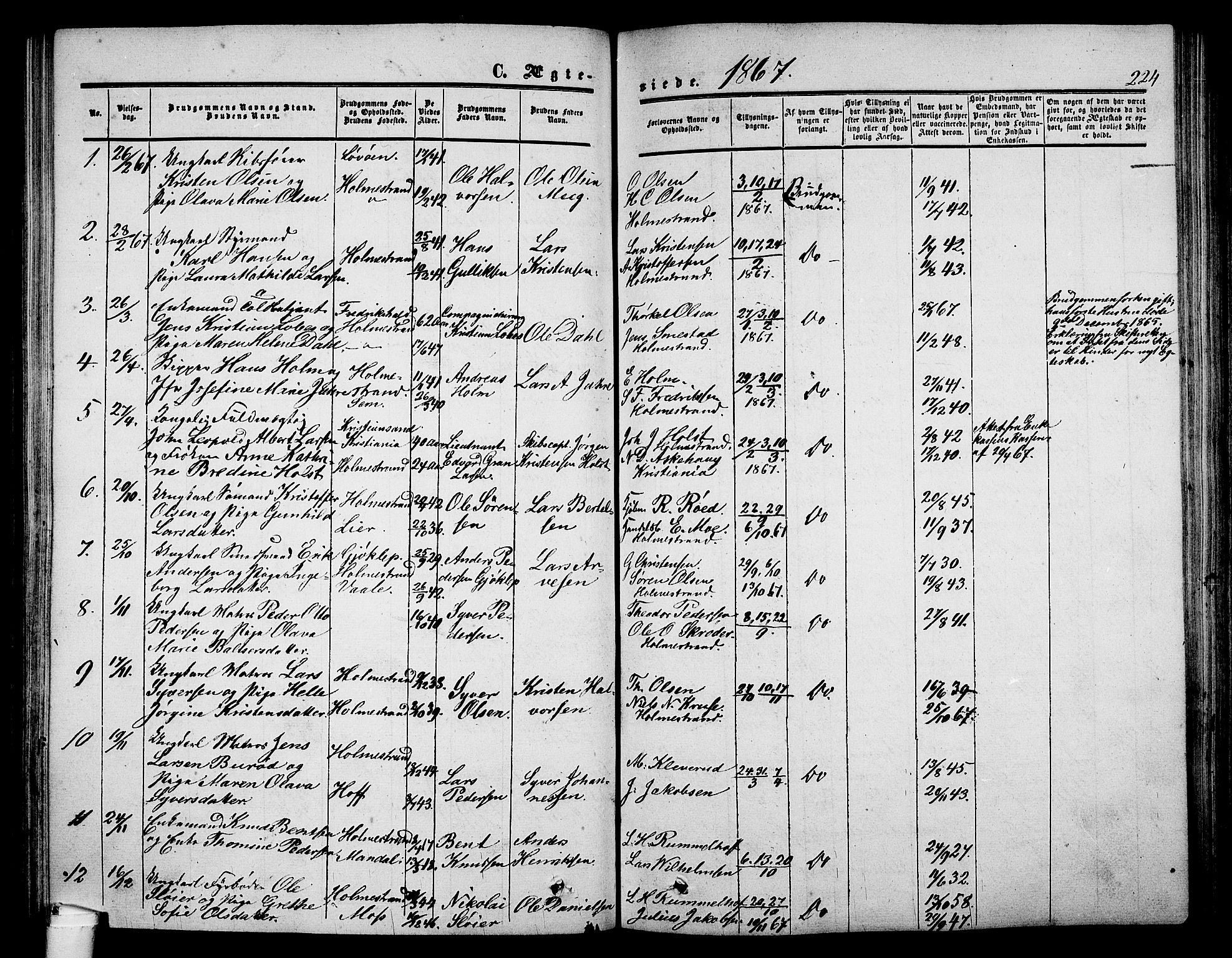 Holmestrand kirkebøker, AV/SAKO-A-346/G/Ga/L0003: Parish register (copy) no. 3, 1849-1874, p. 224