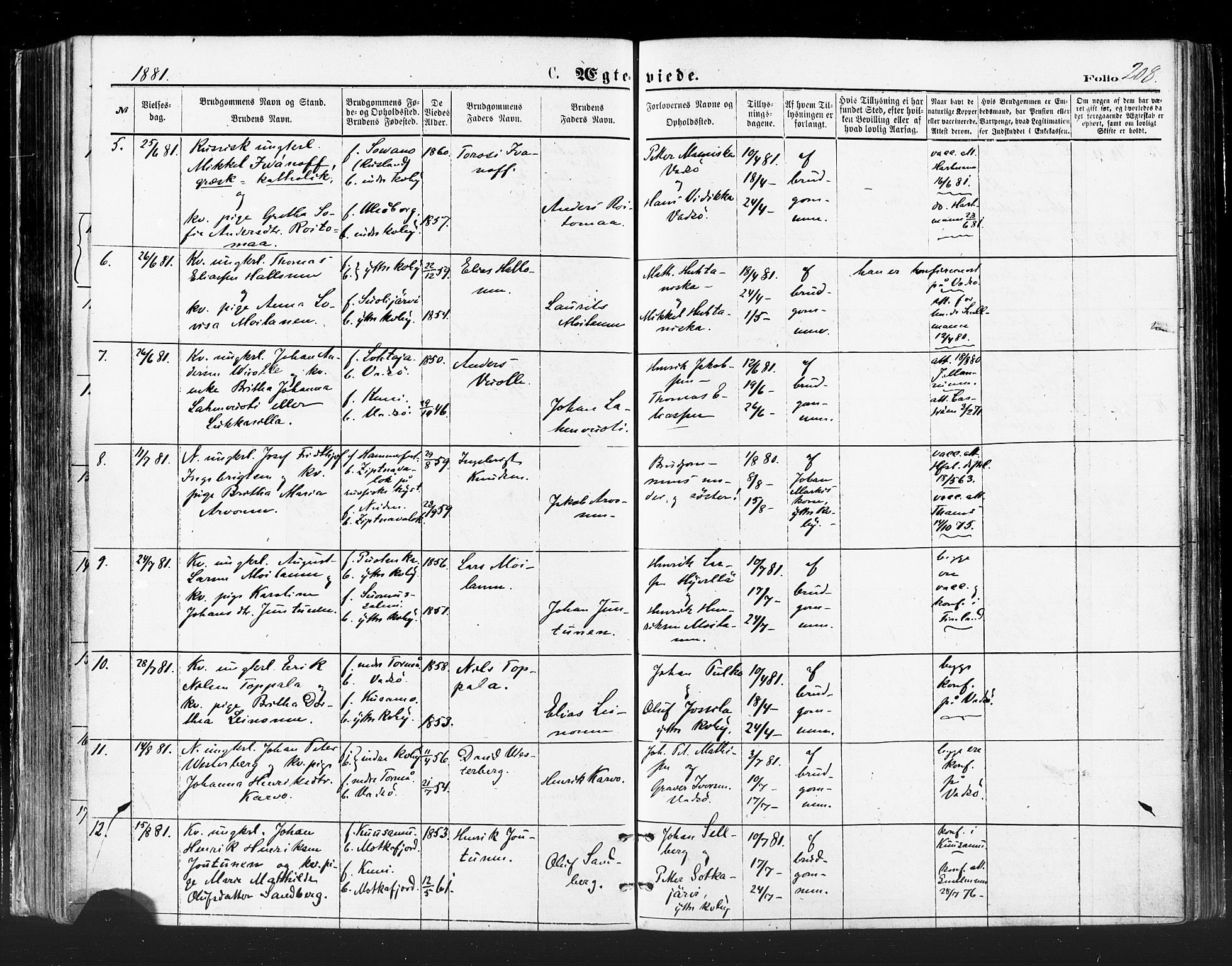 Vadsø sokneprestkontor, AV/SATØ-S-1325/H/Ha/L0005kirke: Parish register (official) no. 5, 1873-1884, p. 208