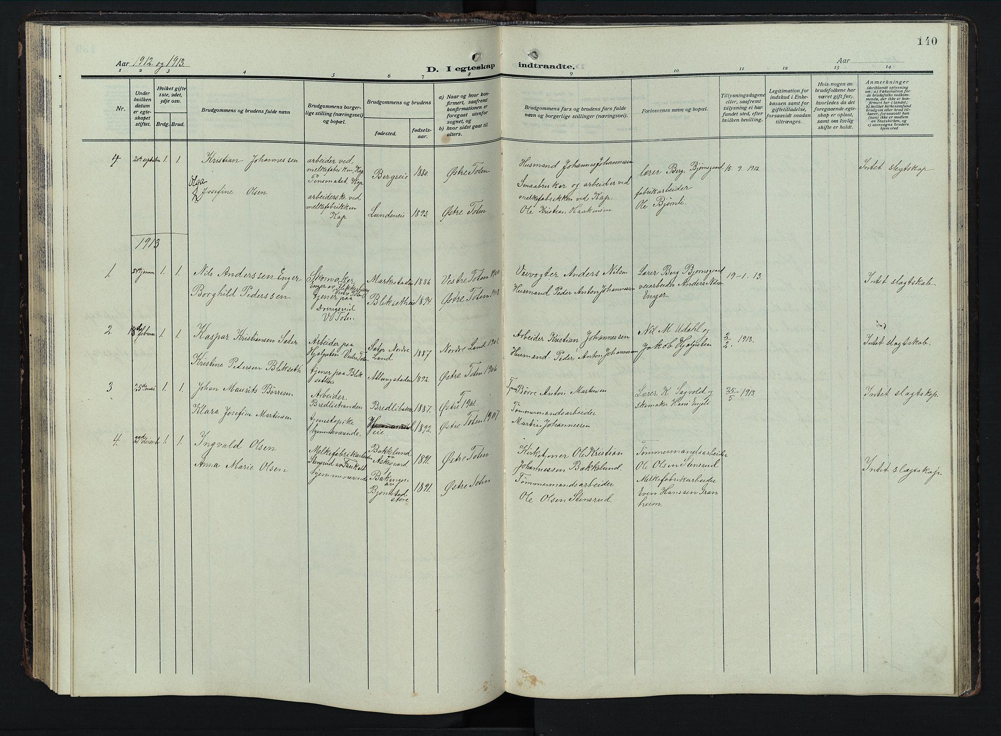 Østre Toten prestekontor, AV/SAH-PREST-104/H/Ha/Hab/L0009: Parish register (copy) no. 9, 1908-1956, p. 140